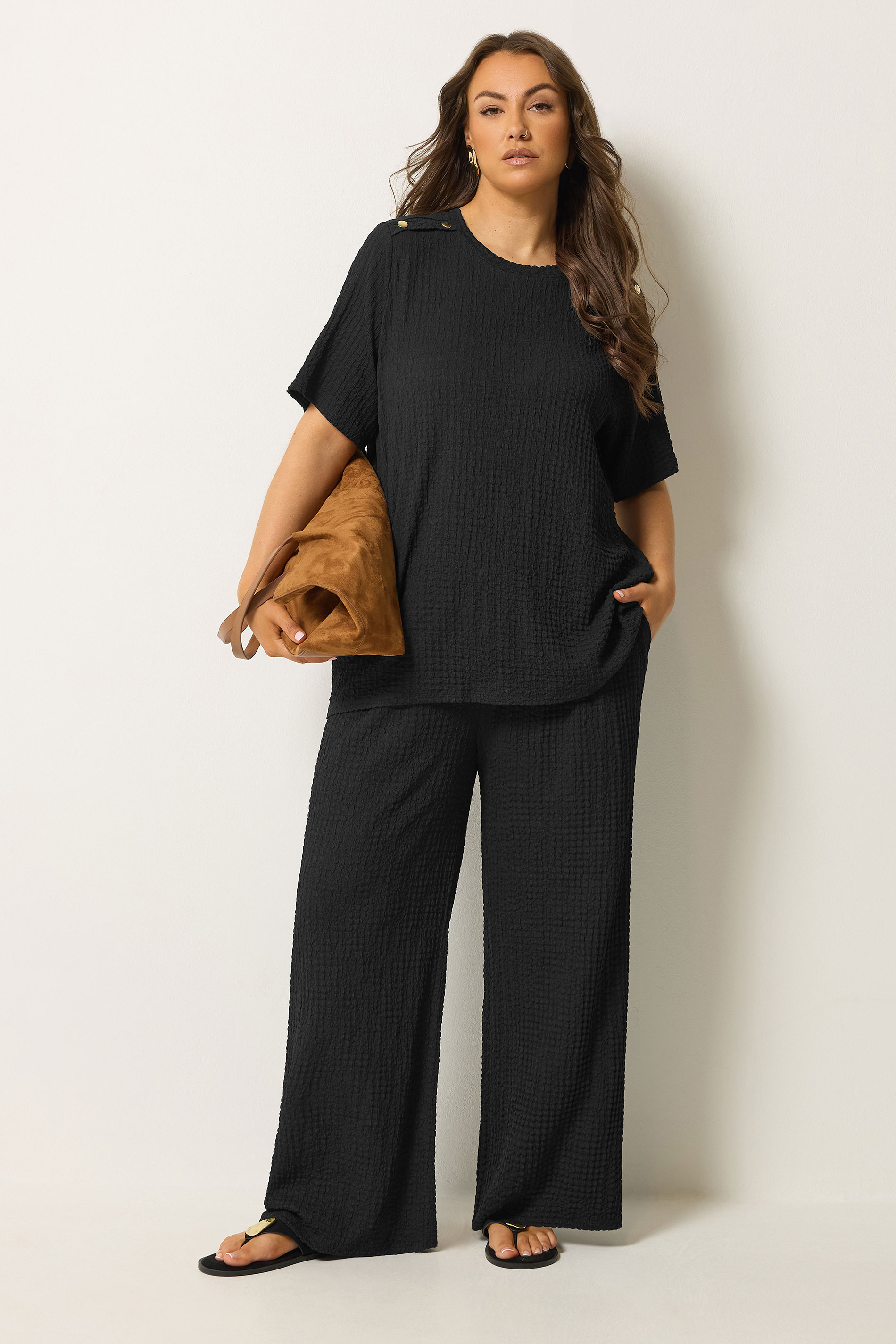 YOURS Plus Size Black Button Detail Bubble Texture Top | Yours Clothing 1