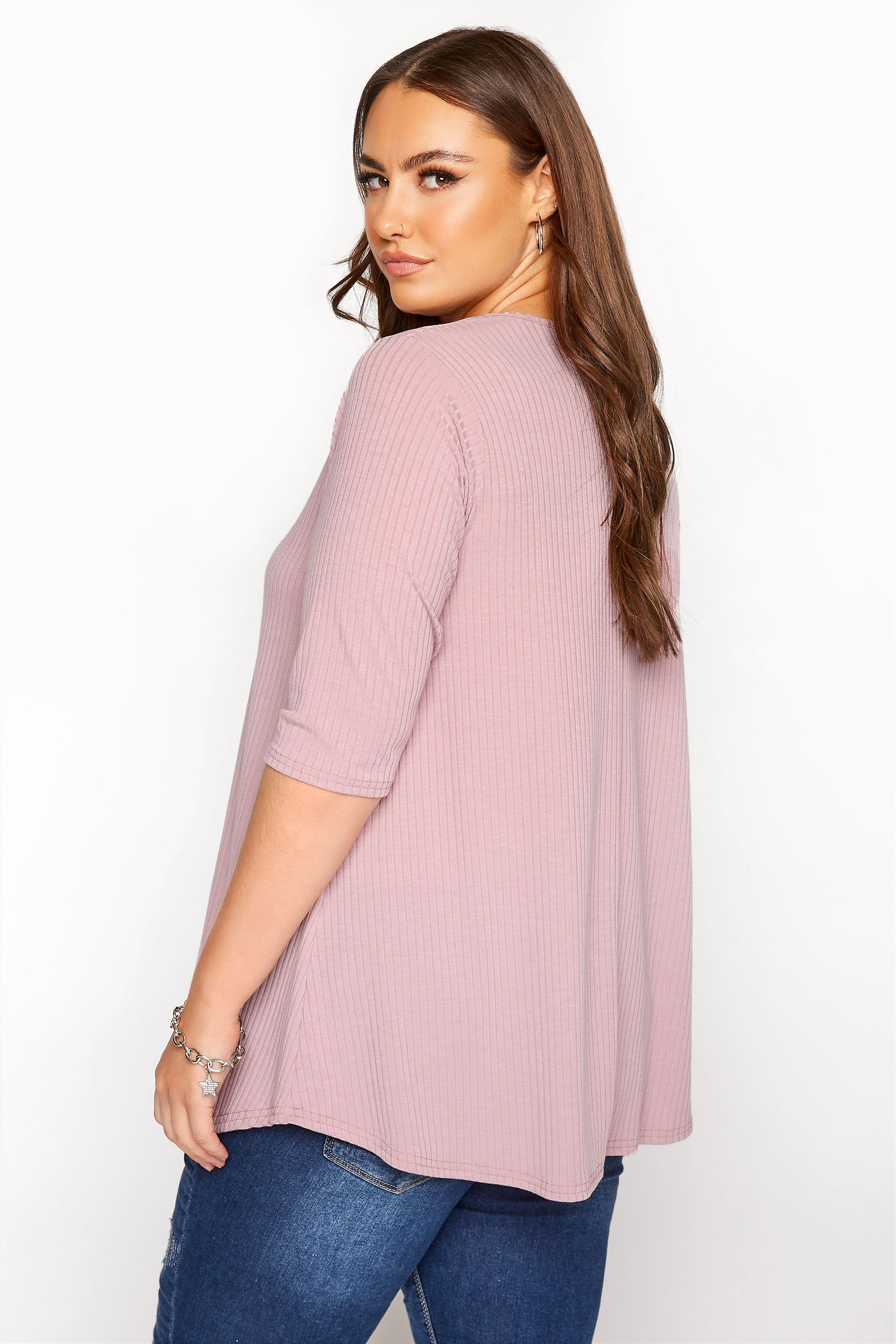 LIMITED COLLECTION Mauve Purple Ribbed Swing 3/4 Length Top | Yours