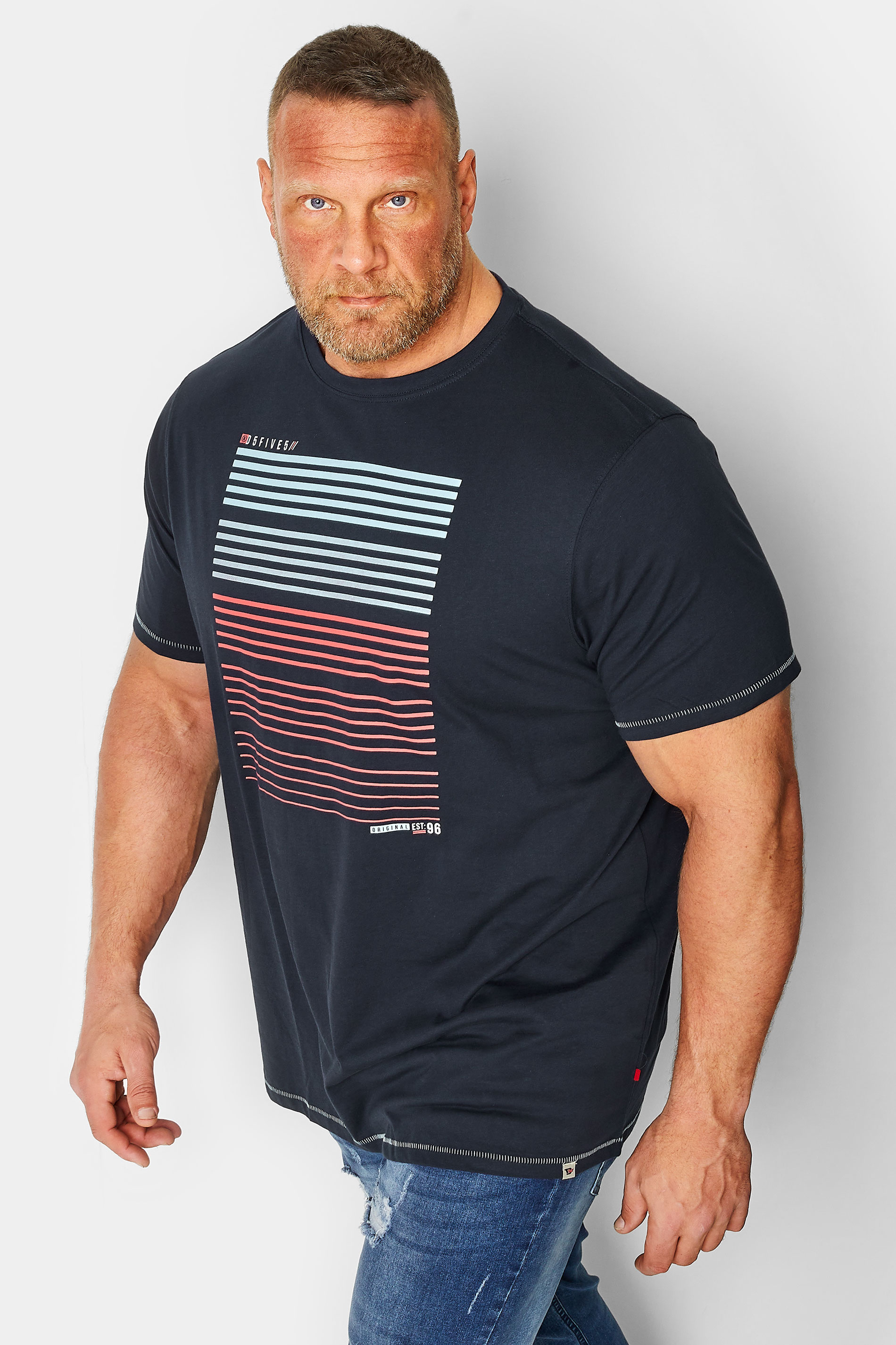 D555 Big & Tall Navy Blue Gradient Line Printed T-Shirt | BadRhino 1