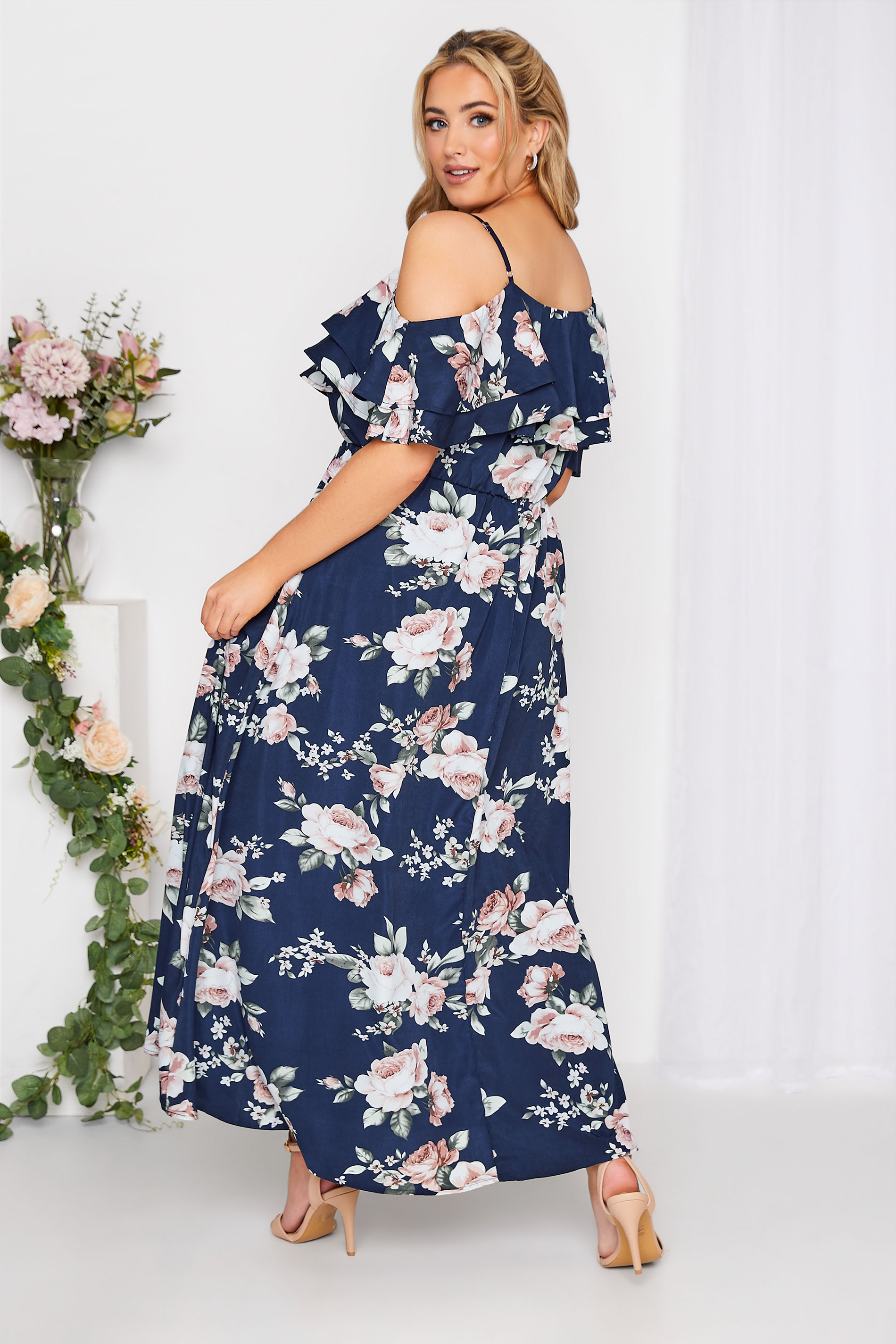 Plus Size YOURS LONDON Curve Navy Blue Floral Bardot Ruffle Bridesmaid Maxi Dress | Yours Clothing  3