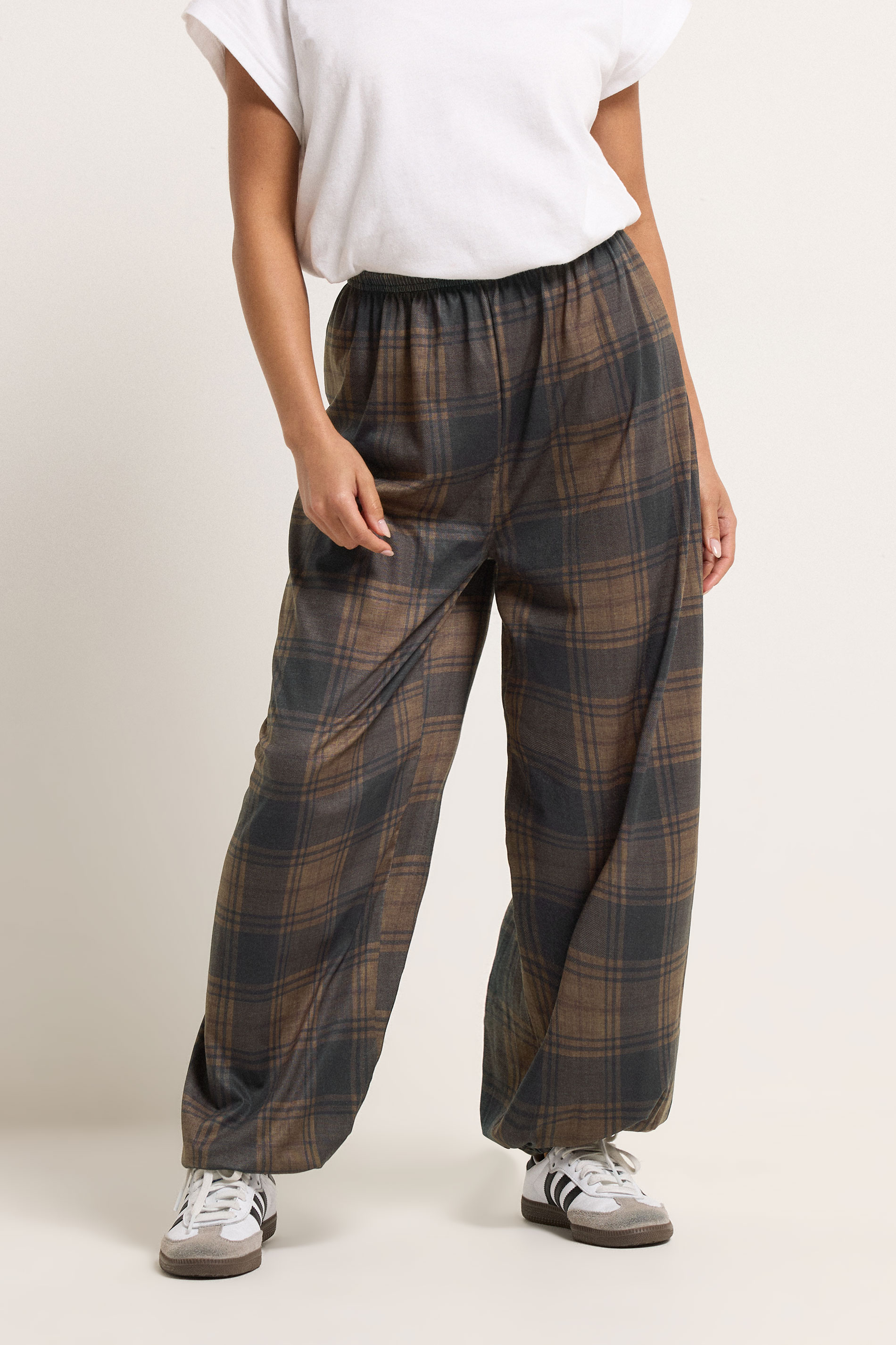 PixieGirl Petite Women's Brown Check Balloon Trousers | PixieGirl 1