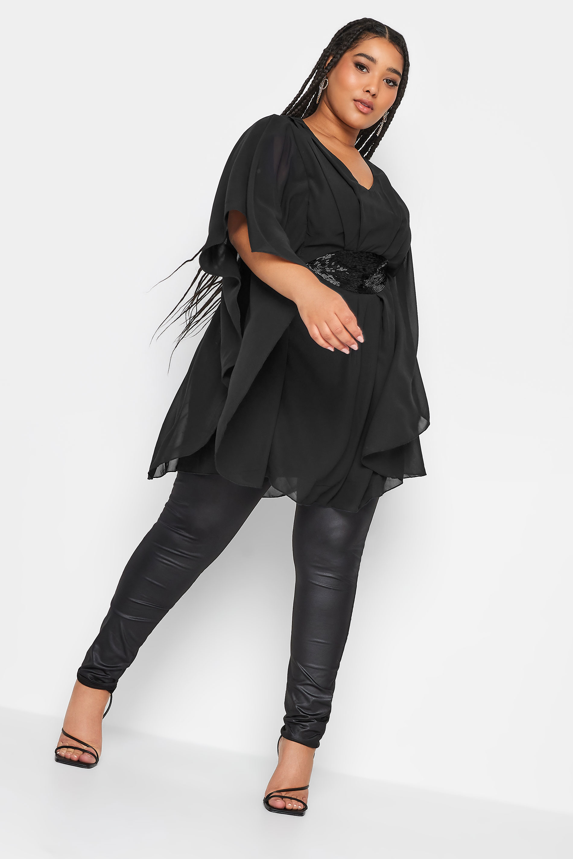 LUXE Plus Size Black Hand Embellished Waist Cape Top | Yours Clothing 2