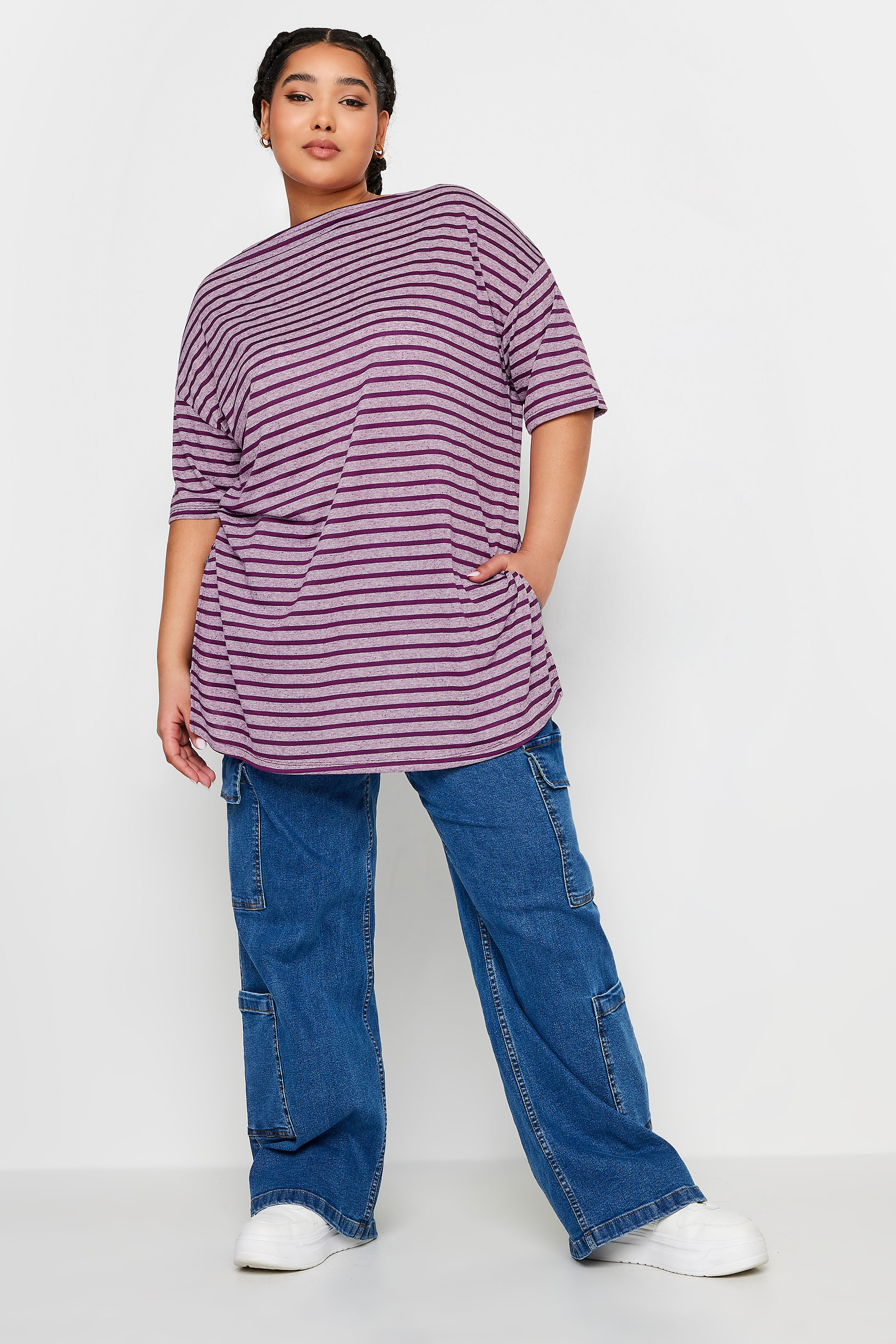 YOURS Plus Size Purple Stripe Oversized T-Shirt | Yours Clothing 3