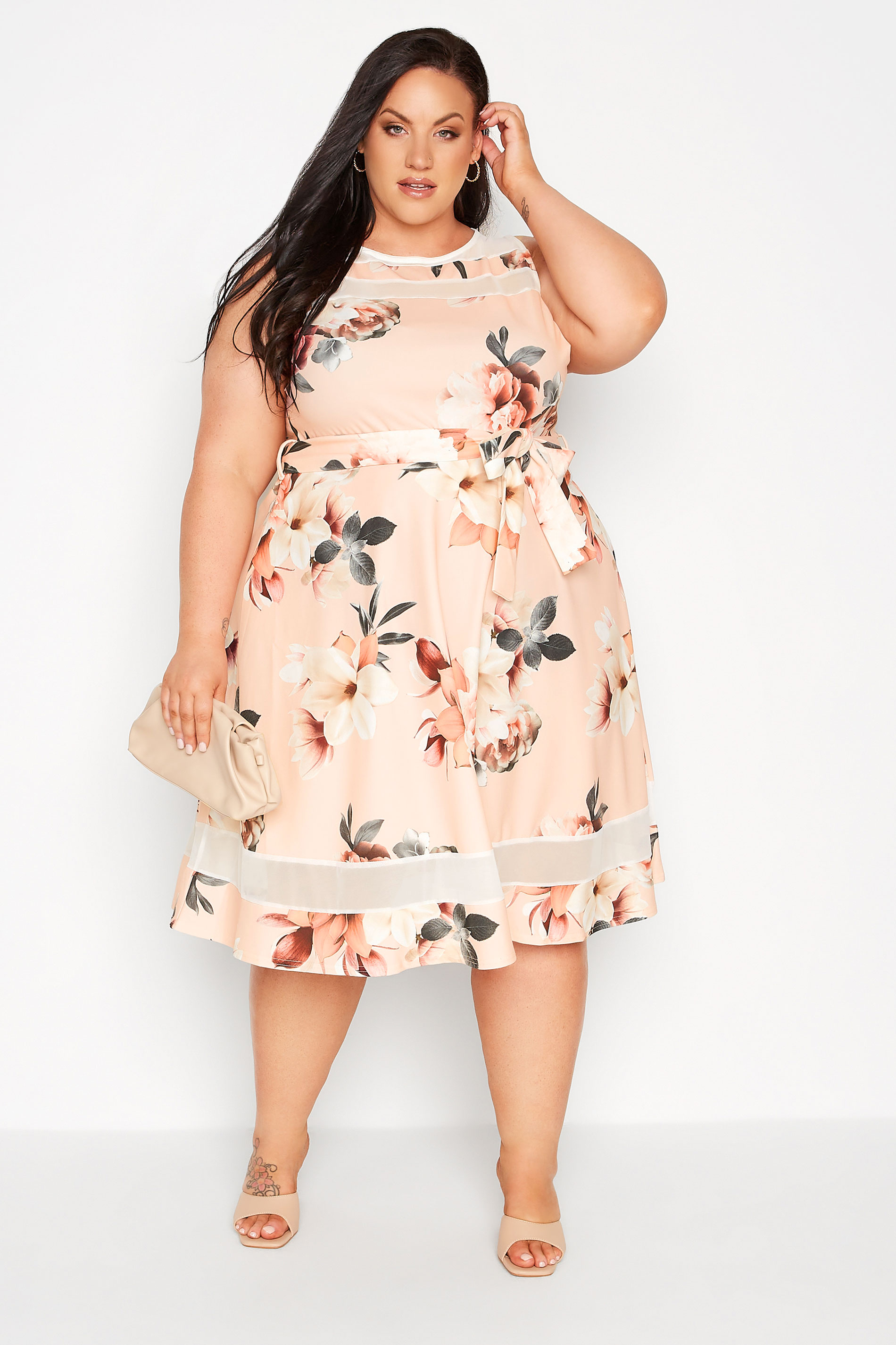 YOURS LONDON Plus Size Pink Floral Mesh Panel Skater Dress | Yours Clothing 1