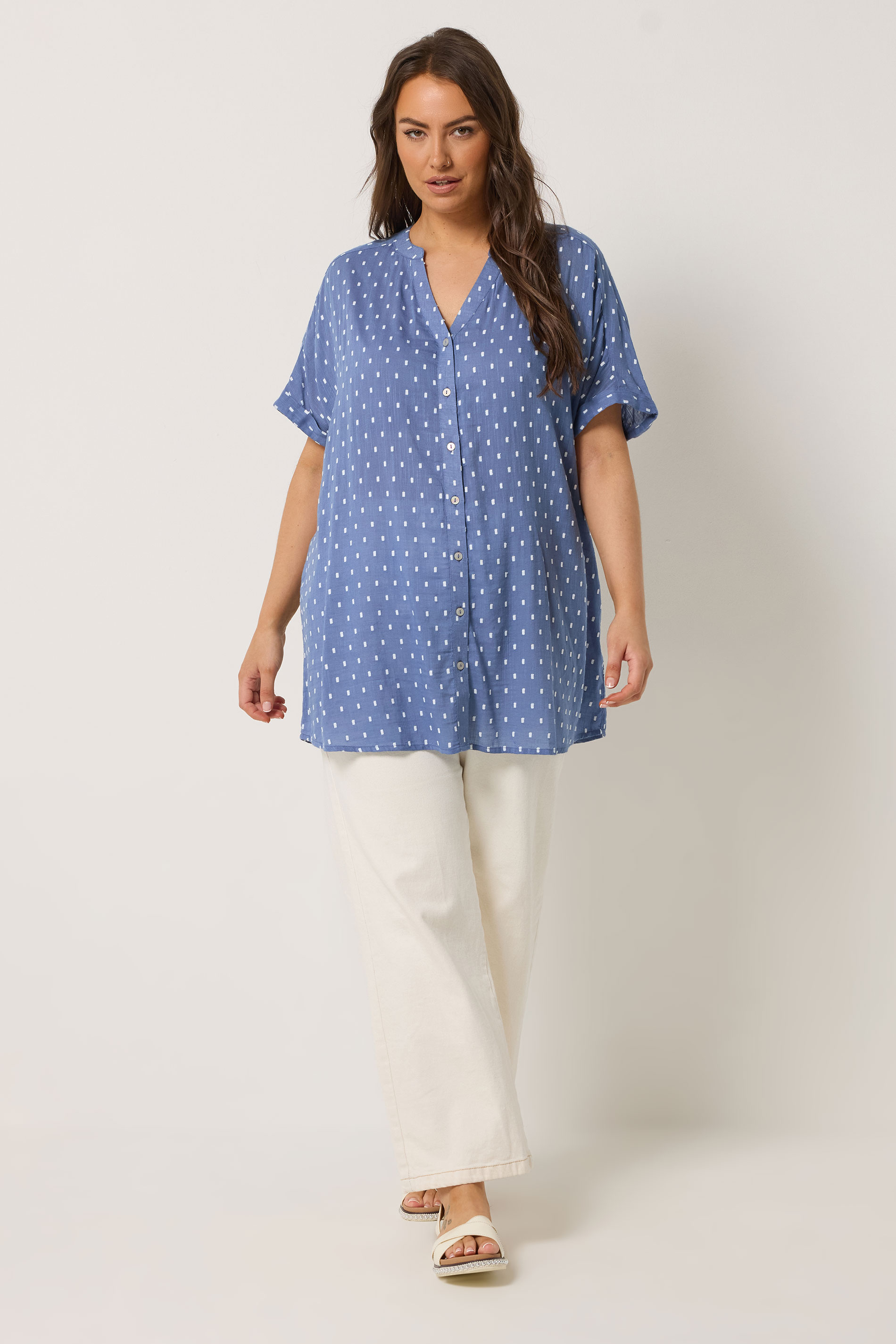 YOURS Plus Size Denim Blue Dobby Notch Neck Blouse| Yours Clothing 1