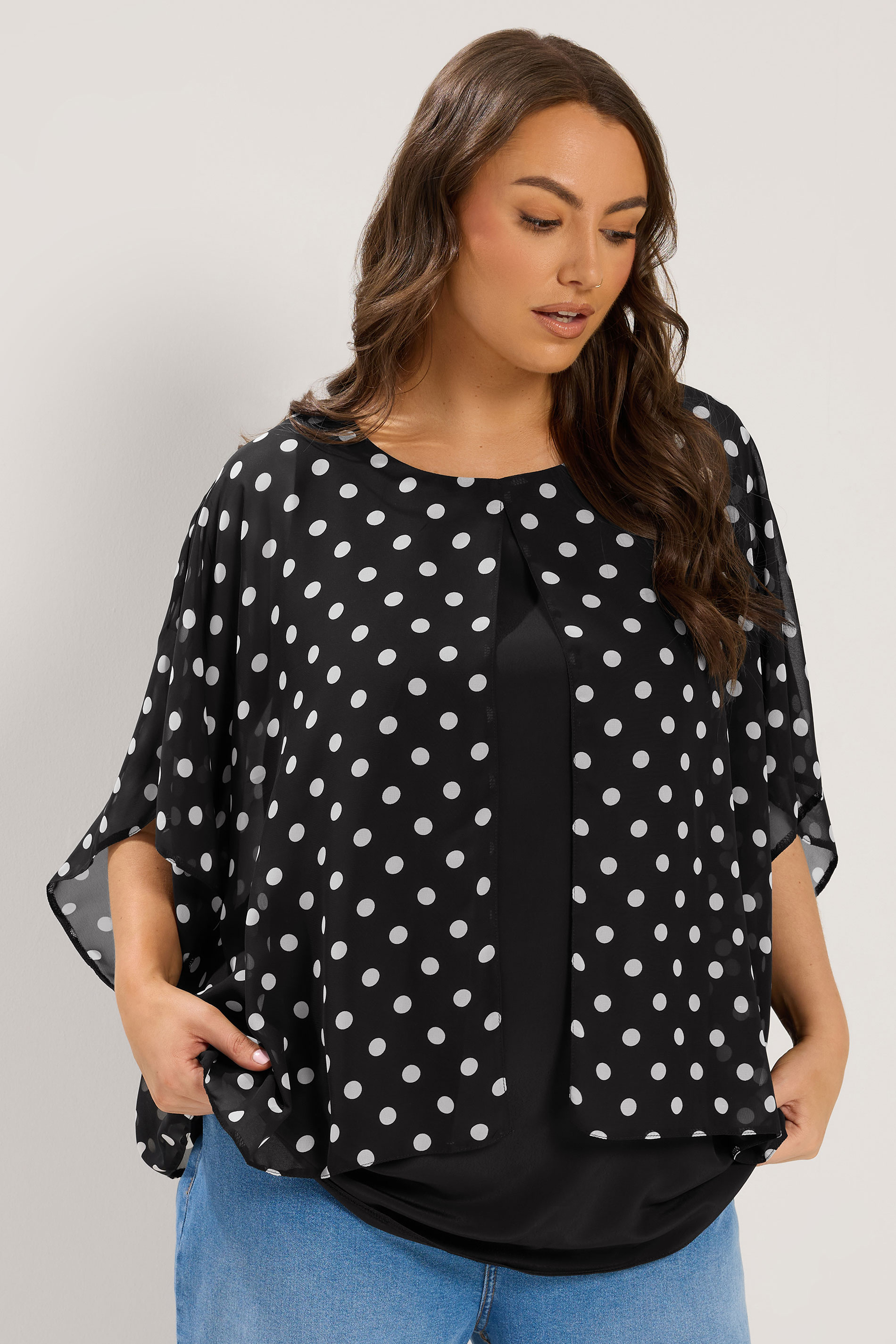 YOURS Plus Size Black Polka Dot Double Layer Top | Yours Clothing 3