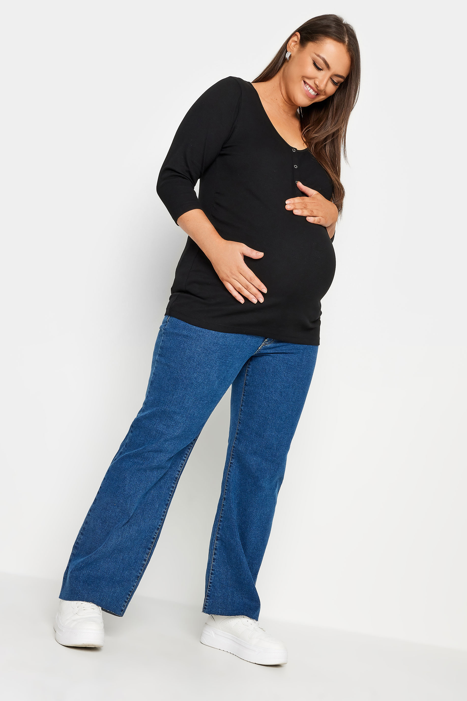 BUMP IT UP MATERNITY Plus Size Black Ribbed Popper Fastening Top | Yours Clothing 2
