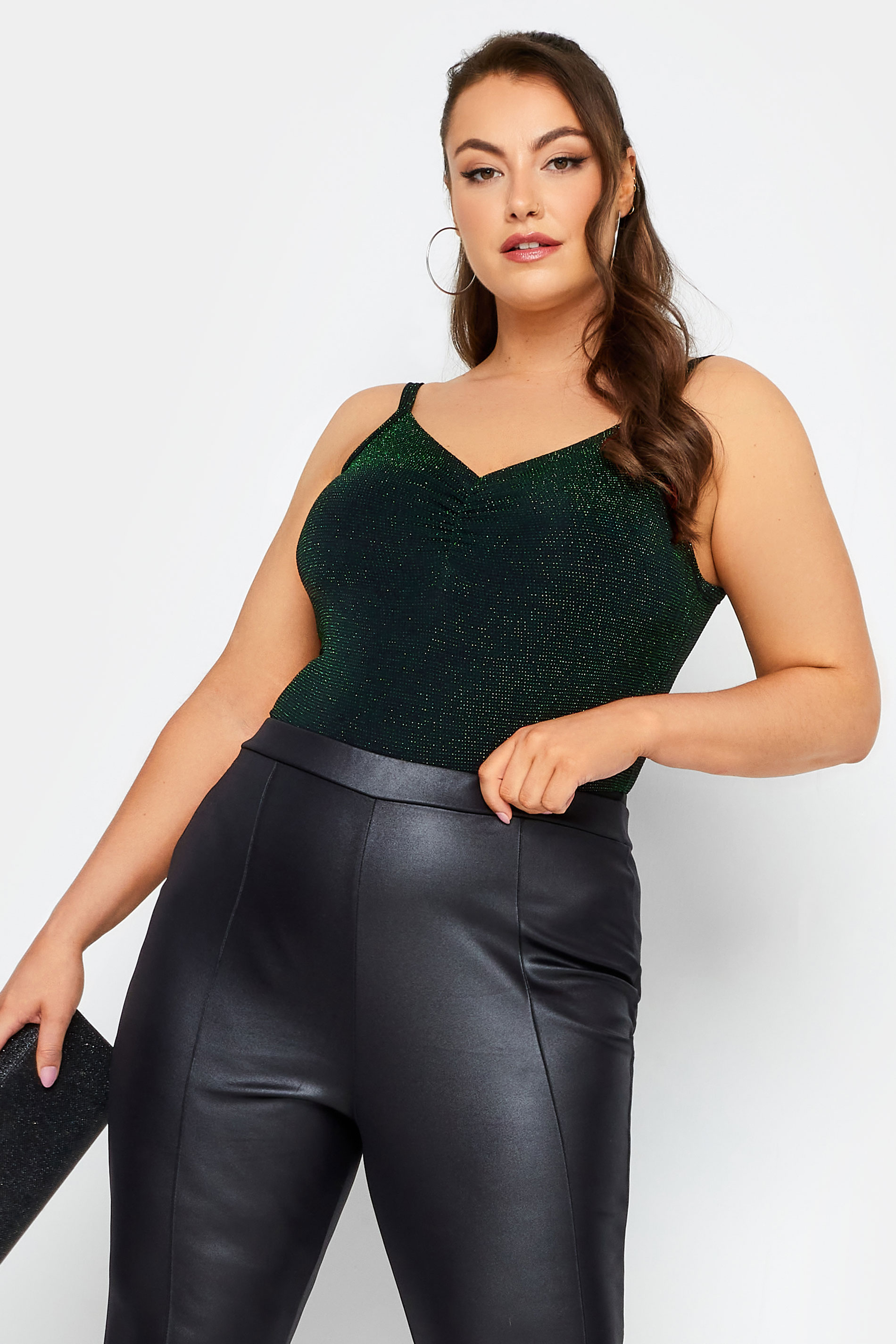 LIMITED COLLECTION Plus Size Green Glitter Ruched Bodysuit | Yours Clothing 1