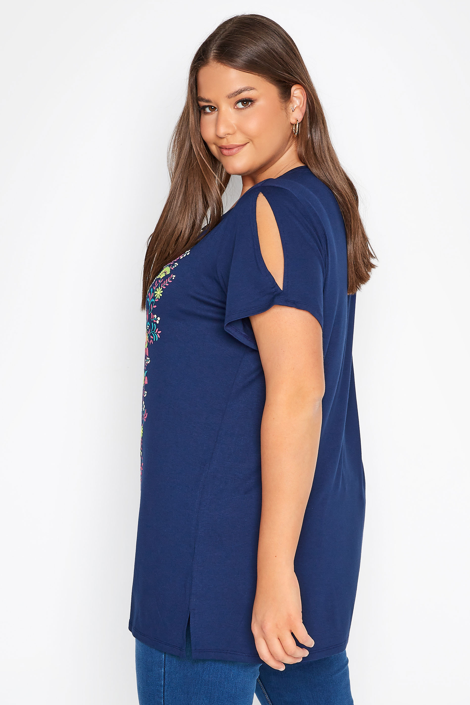 Grande taille  Tops Grande taille  T-Shirts | T-Shirt Bleu Marine Design Floral Manches Découpées - FK15688
