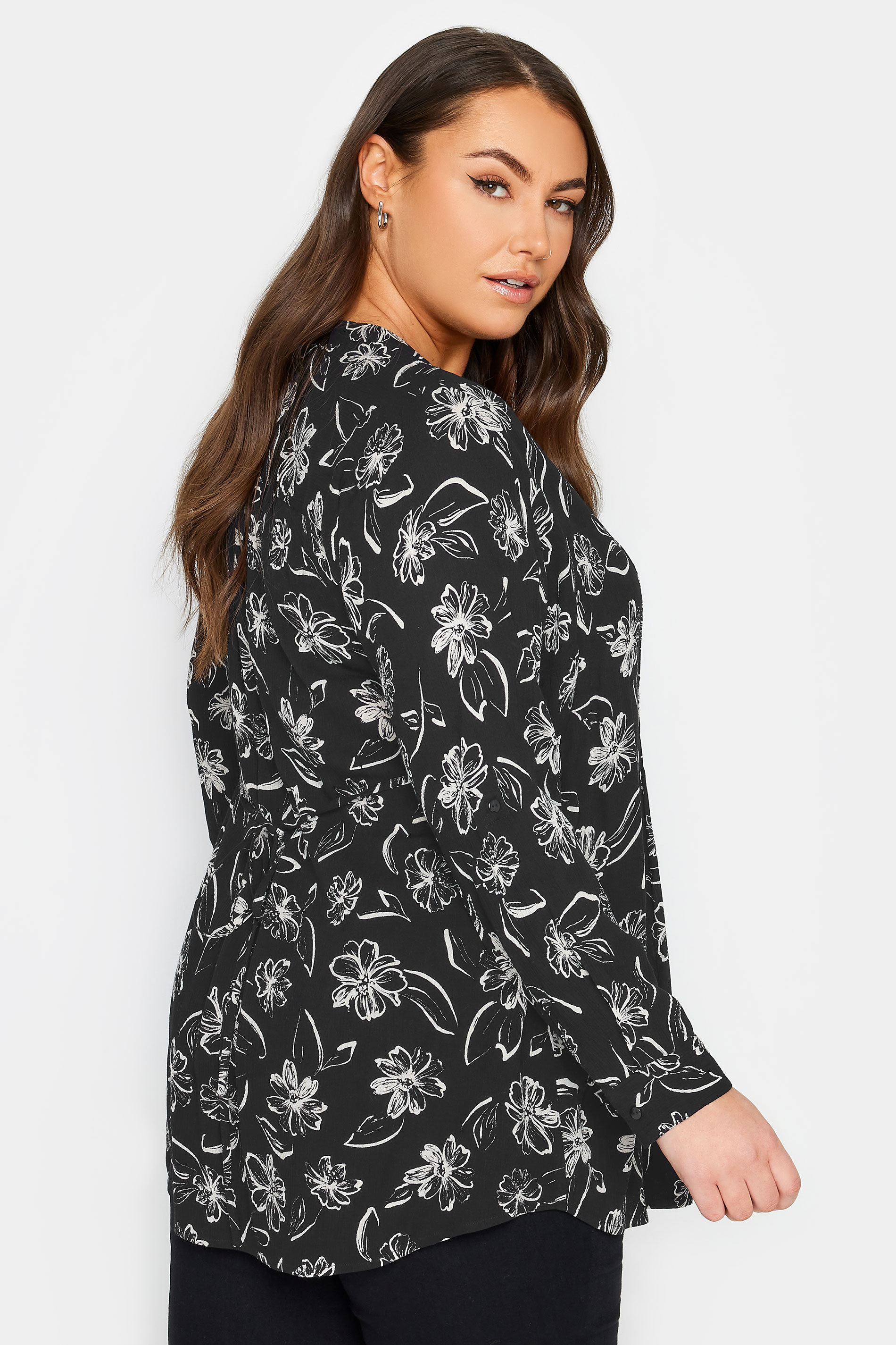 YOURS Plus Size Black Pintuck Floral Print Shirt | Yours Clothing 2