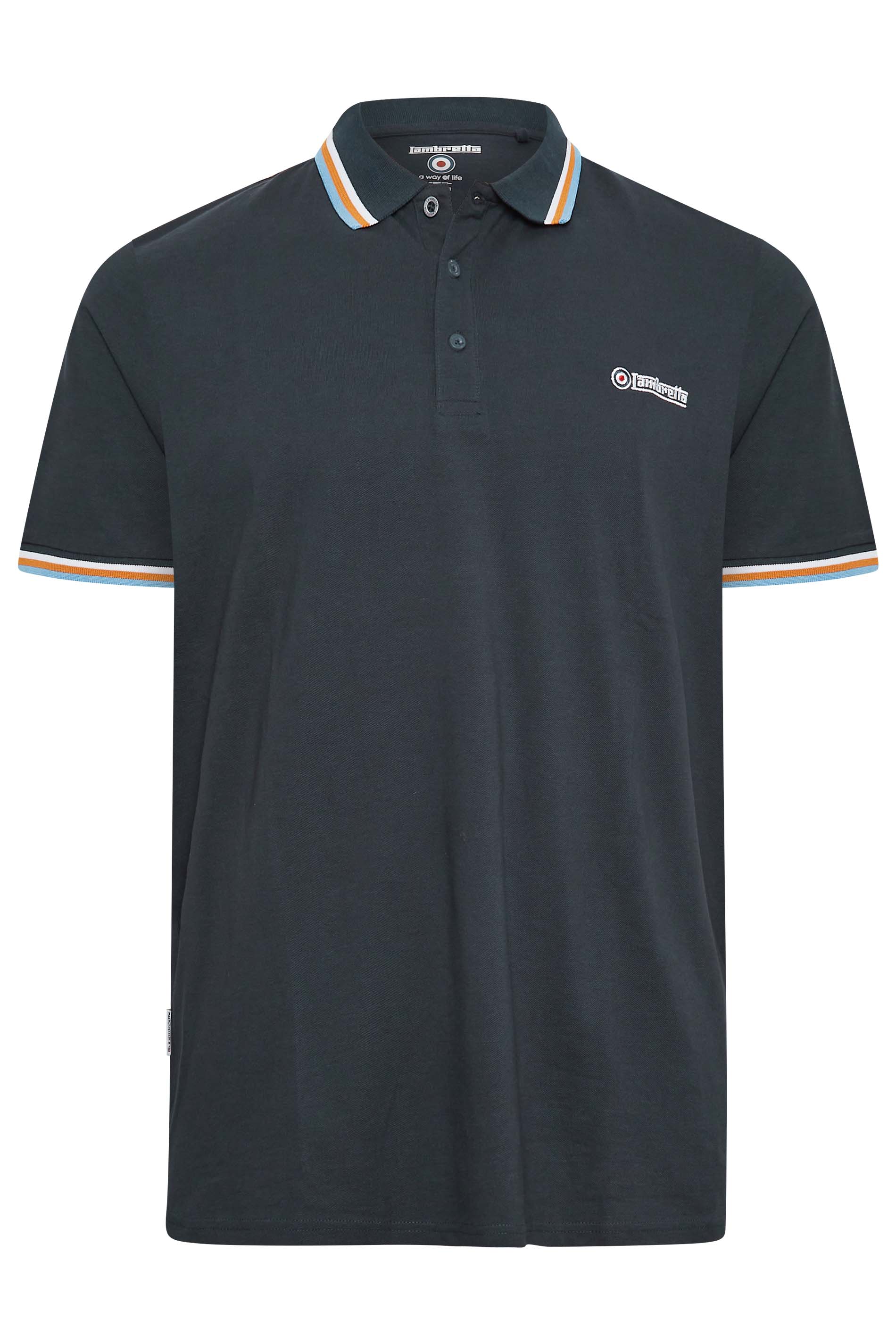 LAMBRETTA Big & Tall Navy Blue Logo Double Stripe Polo Shirt | BadRhino 3