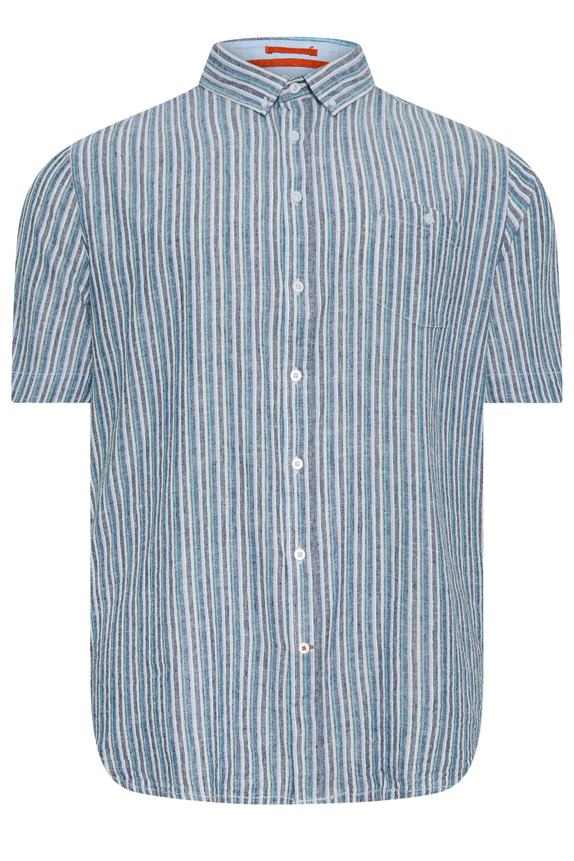 D555 Big & Tall Navy Blue Linen Vertical Stripe Short Sleeve Shirt | BadRhino 1