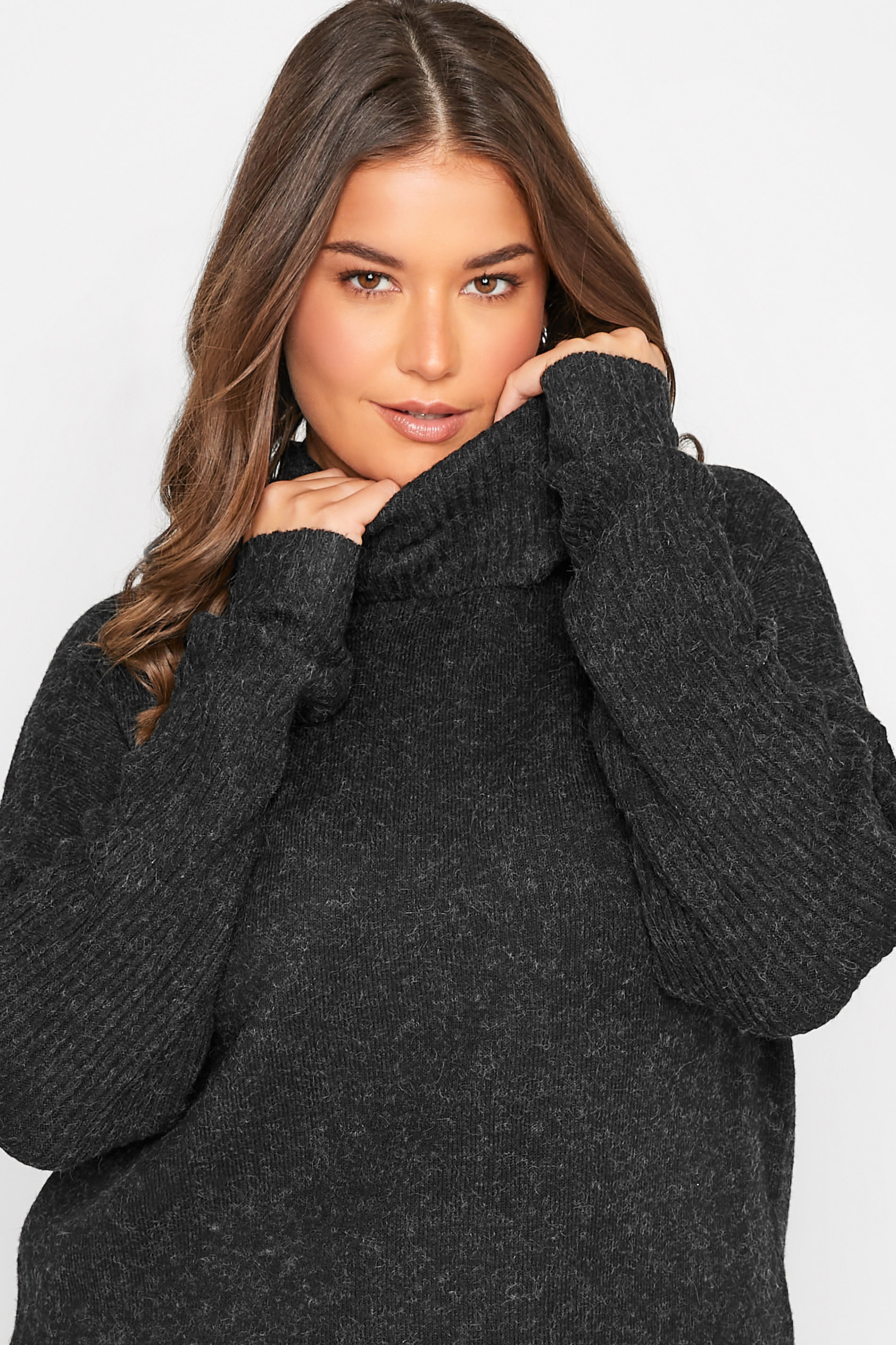 LTS Tall Women's Charcoal Grey Turtle Neck Knitted Tunic Jumper | Long Tall Sally 3