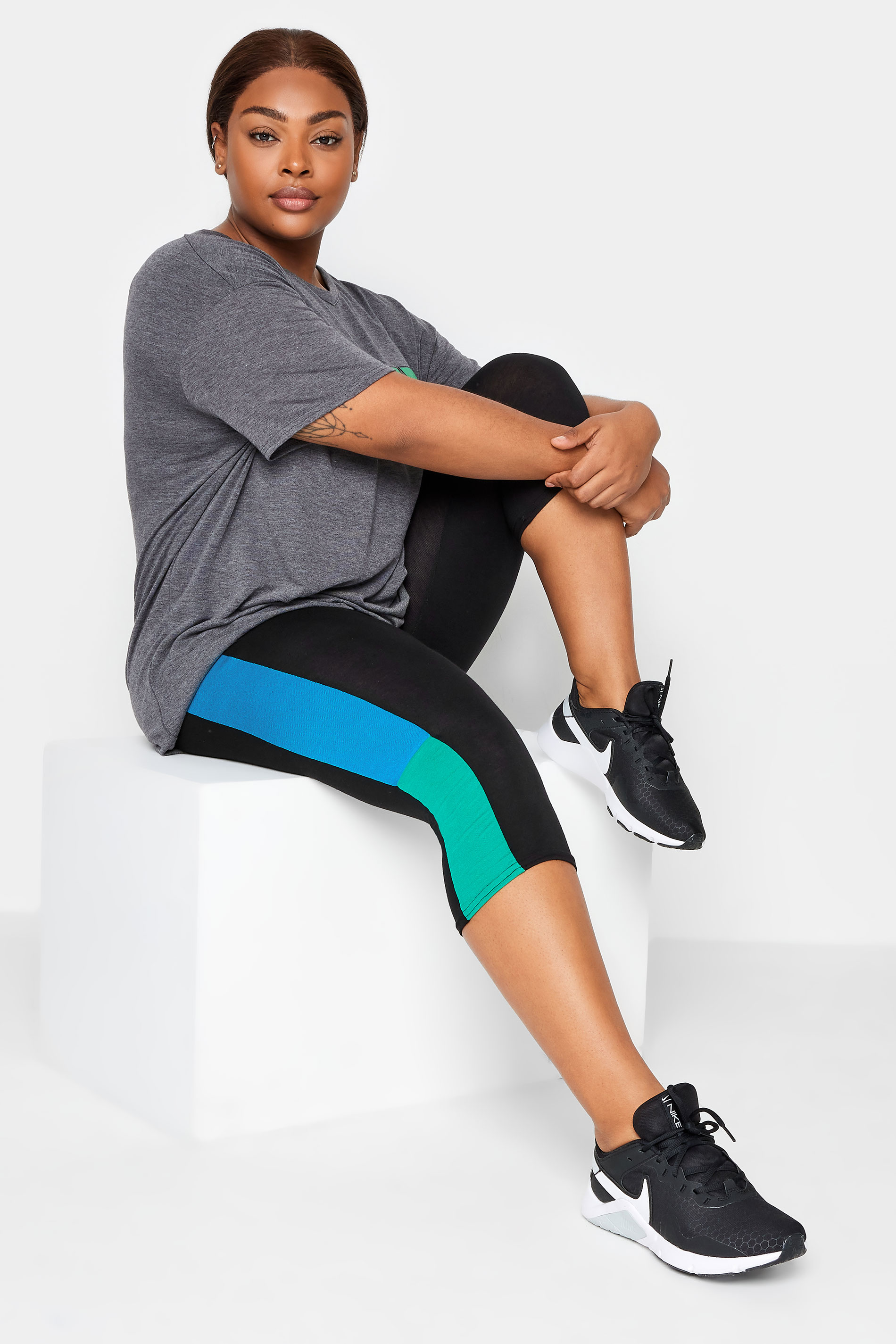 YOURS ACTIVE Plus Size Black & Blue Side Stripe Cropped Leggings | Yours Clothing 3