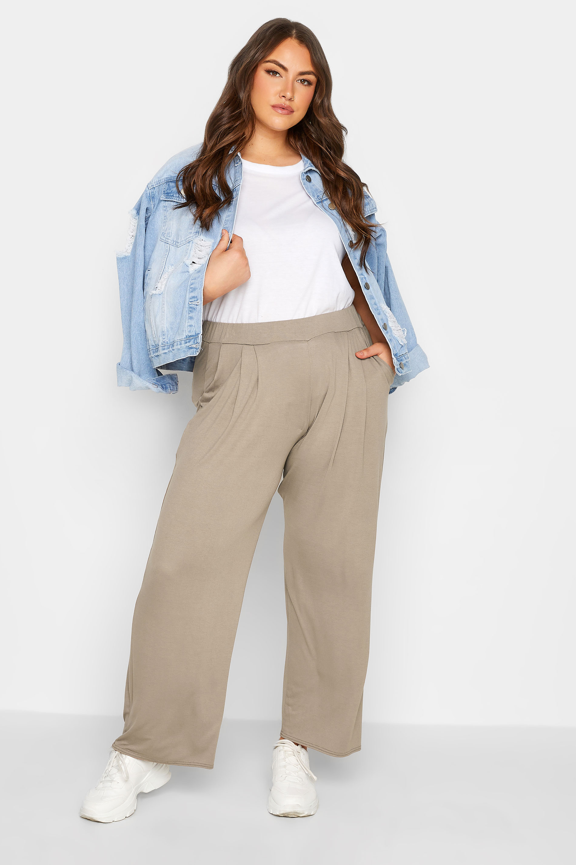 YOURS Plus Size Stone Brown Pleat Front Wide Leg Trousers | Yours Clothing 2