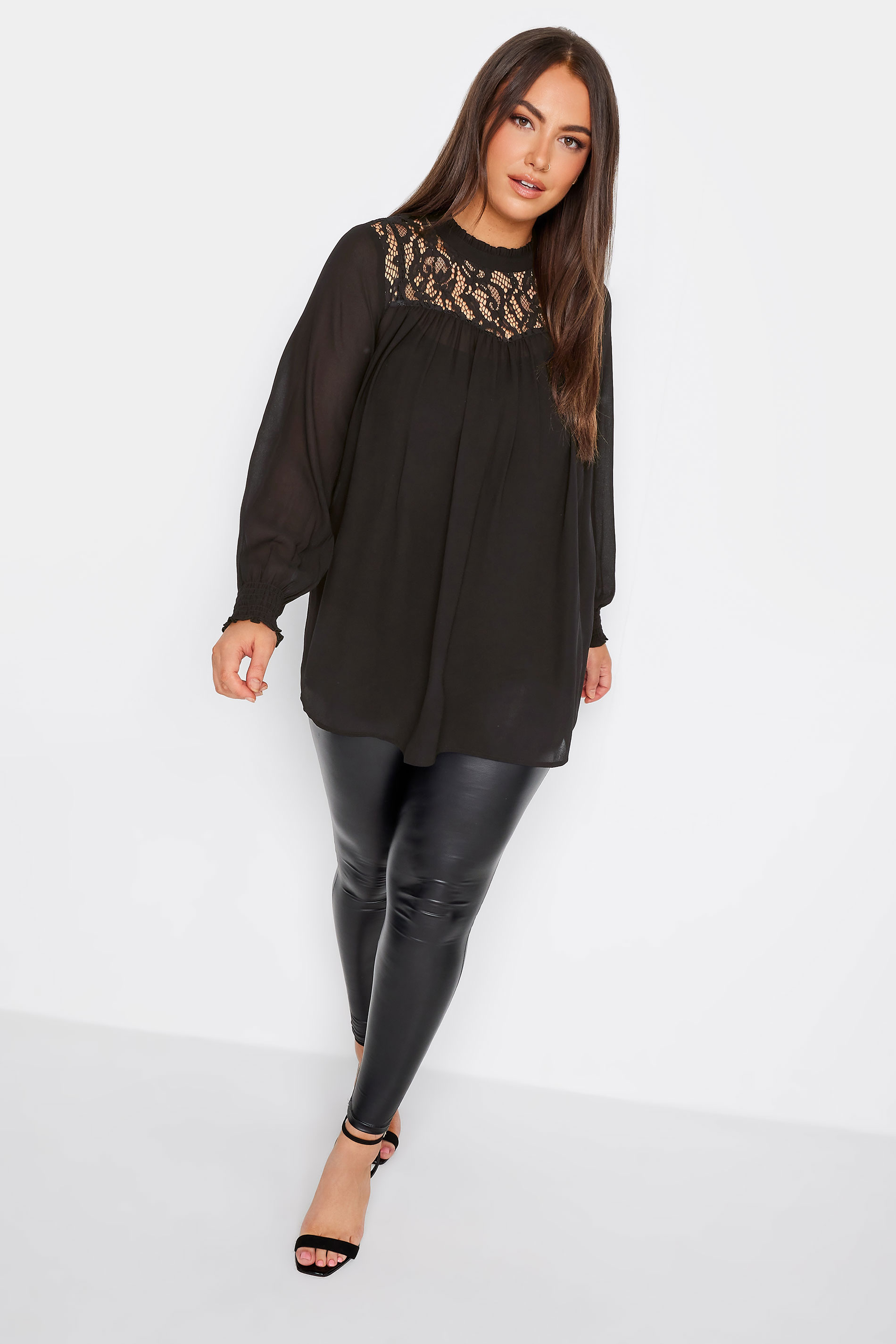 YOURS LONDON Plus Size Black Lace Ruffle Collar Blouse | Yours Clothing 2