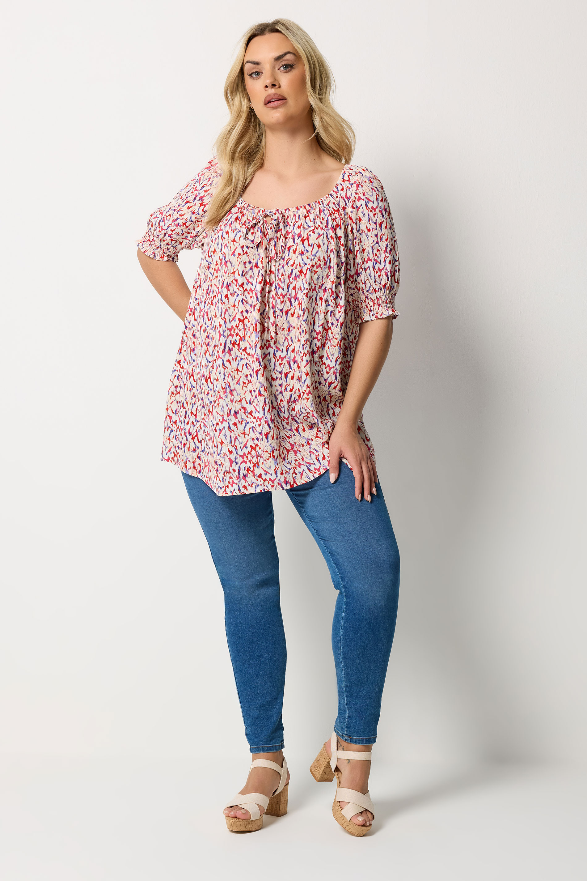 YOURS Plus Size Red Abstract Tie Neck Blouse | Yours Clothing 1