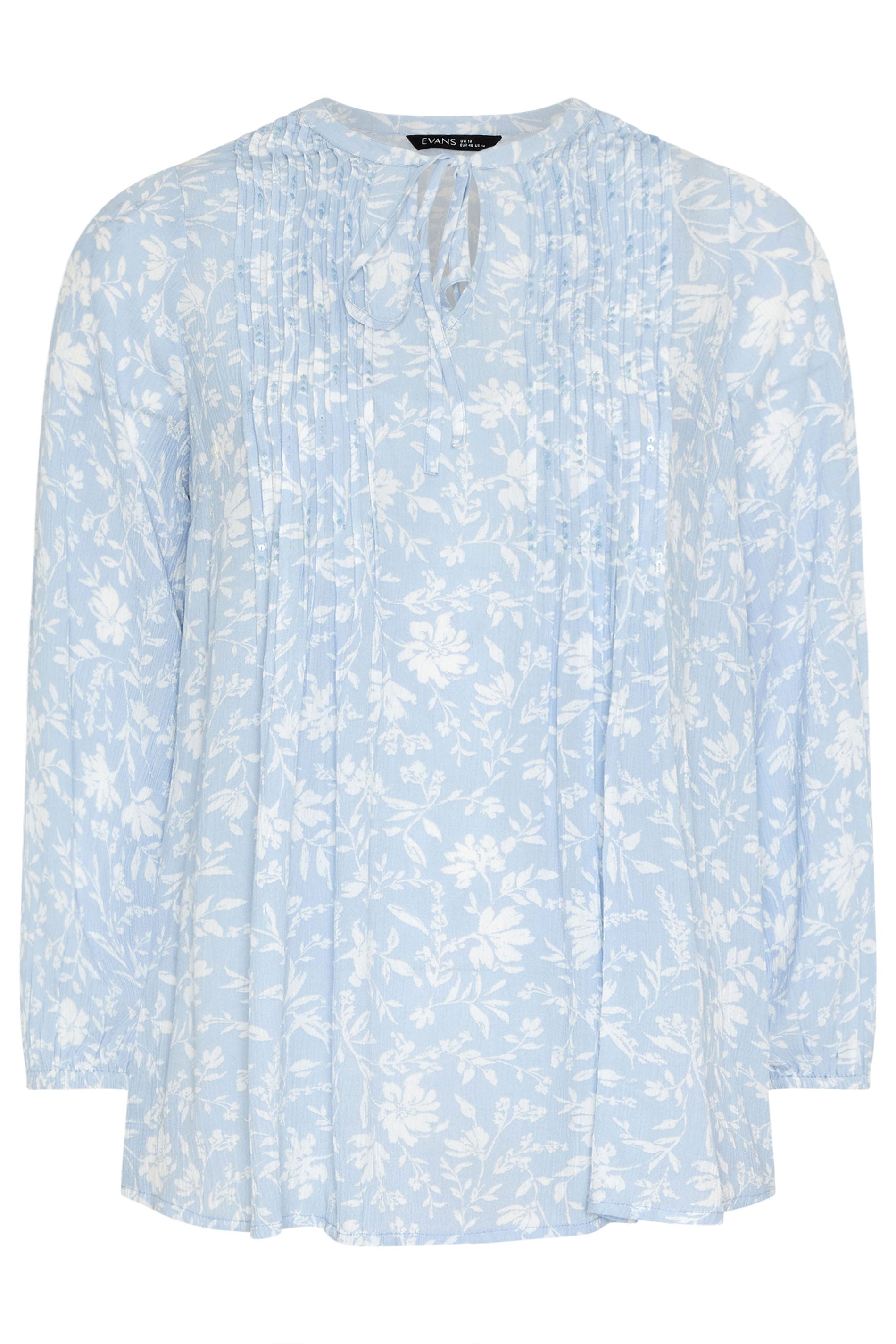EVANS Plus Size Blue Floral Tie Neck Pintuck Blouse | Evans 6