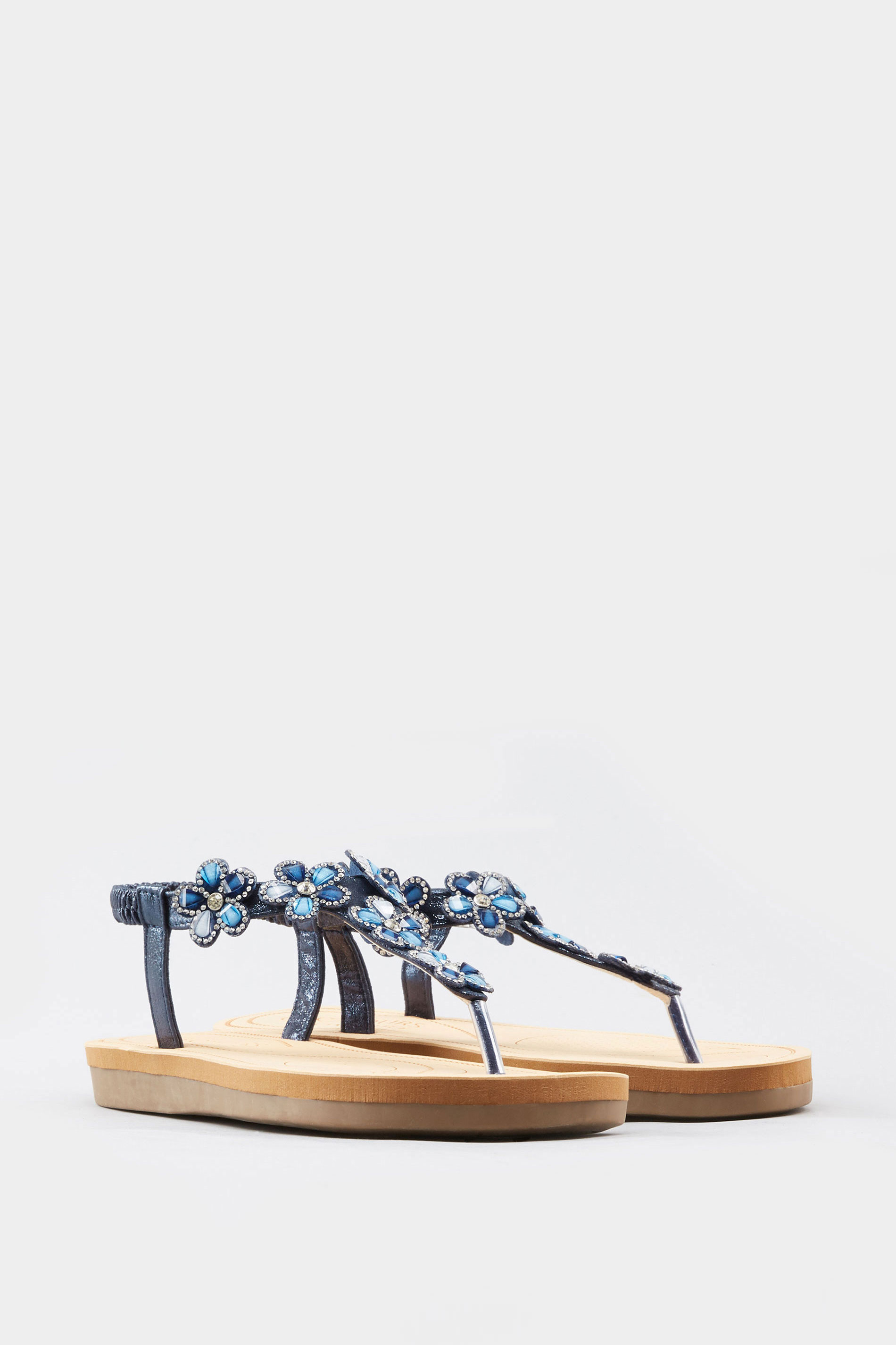 Navy Shimmer Diamante Flower Sandals In Wide E Fit & Extra Wide EEE Fit | Yours Clothing 2