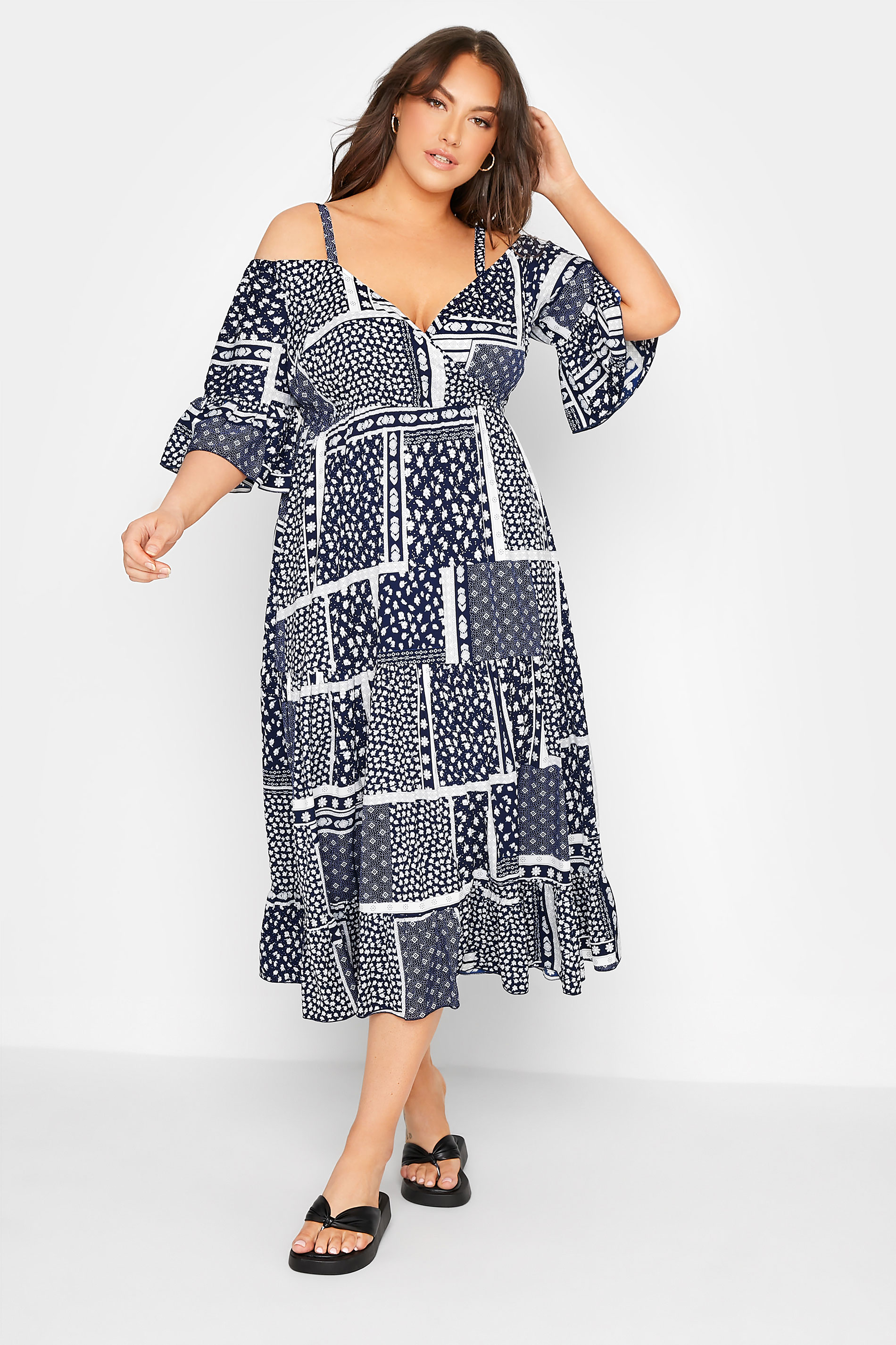 Robes Grande Taille Grande taille  Robes Mi-Longue | LIMITED COLLECTION - Robe Bleue Marine & Blanche Bardot en Patchwork - SG44216