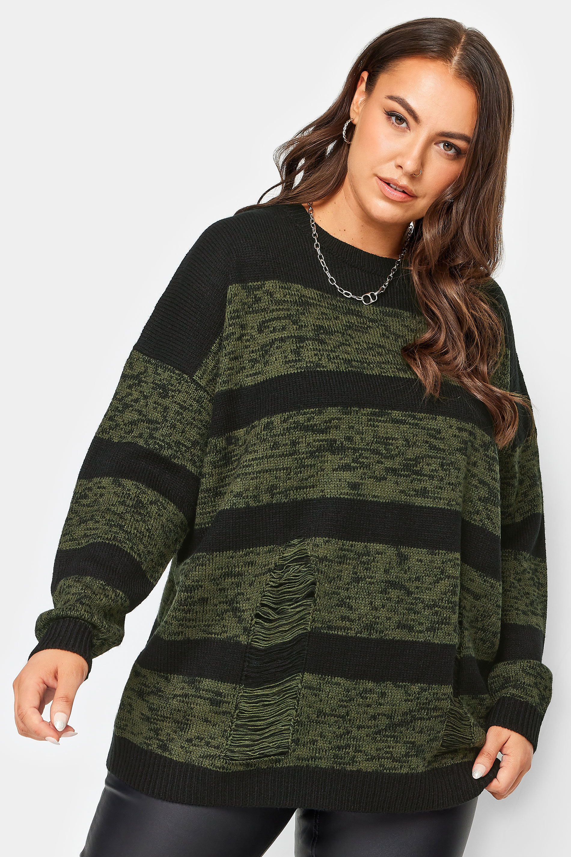 YOURS Curve Plus Size Green Distressed Stripe Jumper | Yours Clothing 1