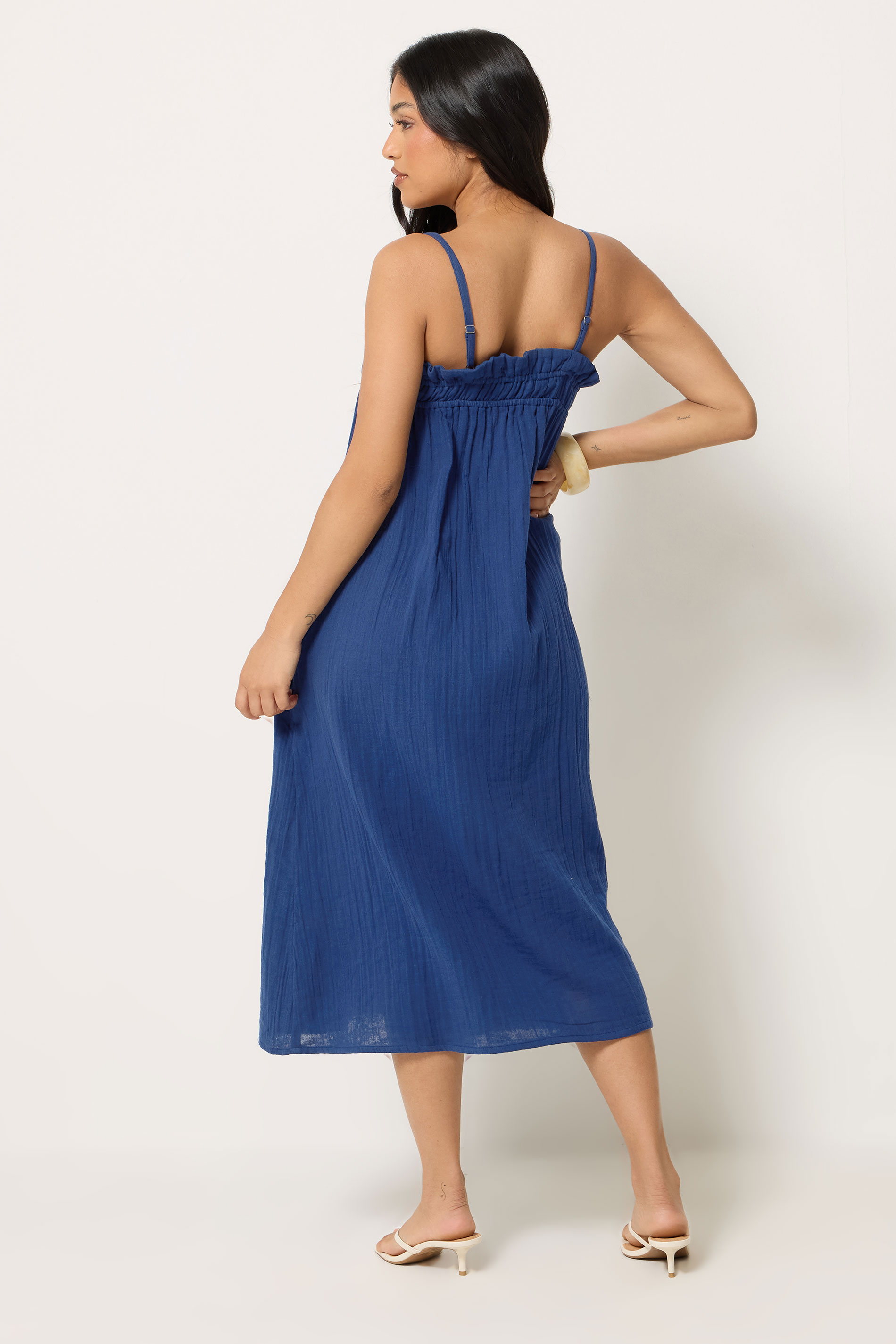 PixieGirl Petite Women's Navy Blue Cotton Cheesecloth Maxi Dress | PixieGirl 2