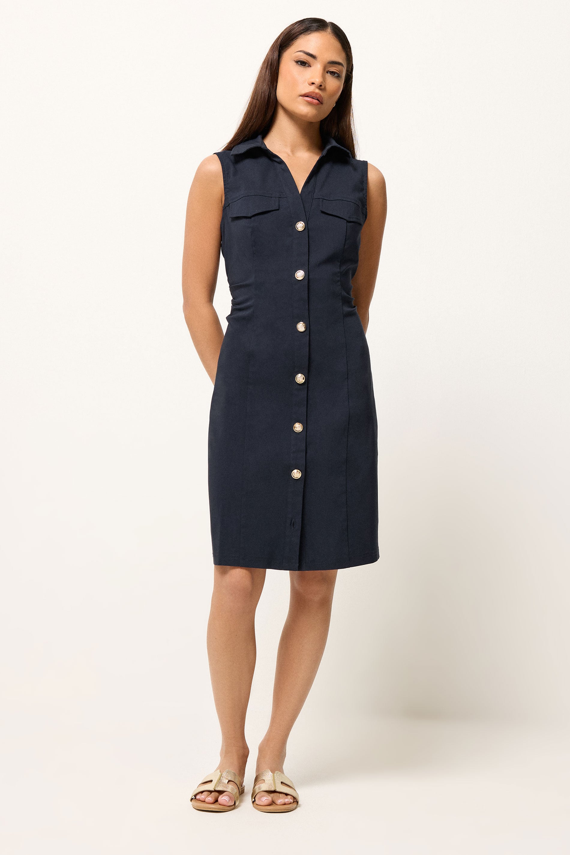PixieGirl Petite Women's Navy Blue Ruched Shirt Mini Dress | PixieGirl 1