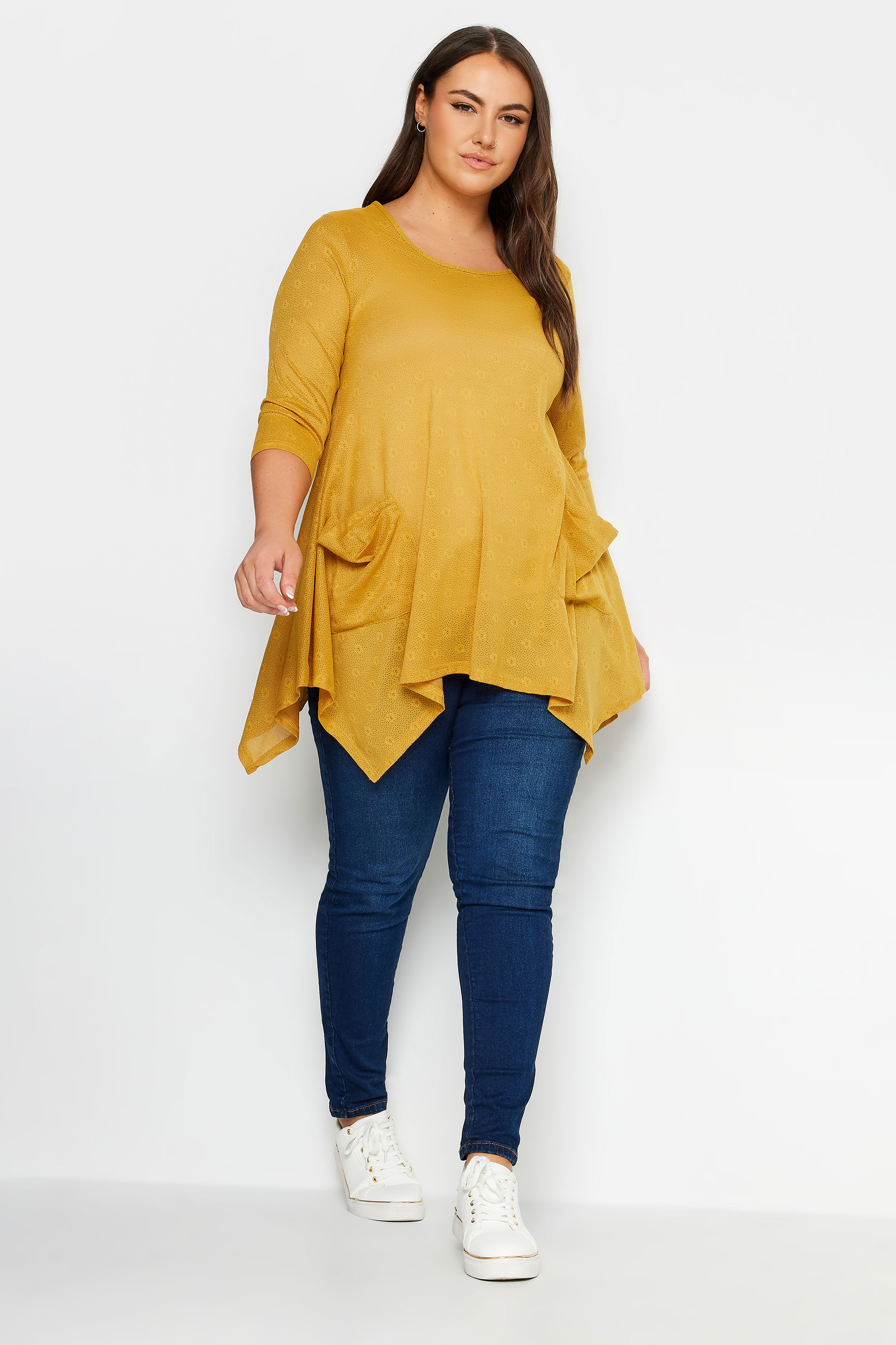 YOURS Plus Size Mustard Yellow Hanky Hem Pocket Top | Yours Clothing 2