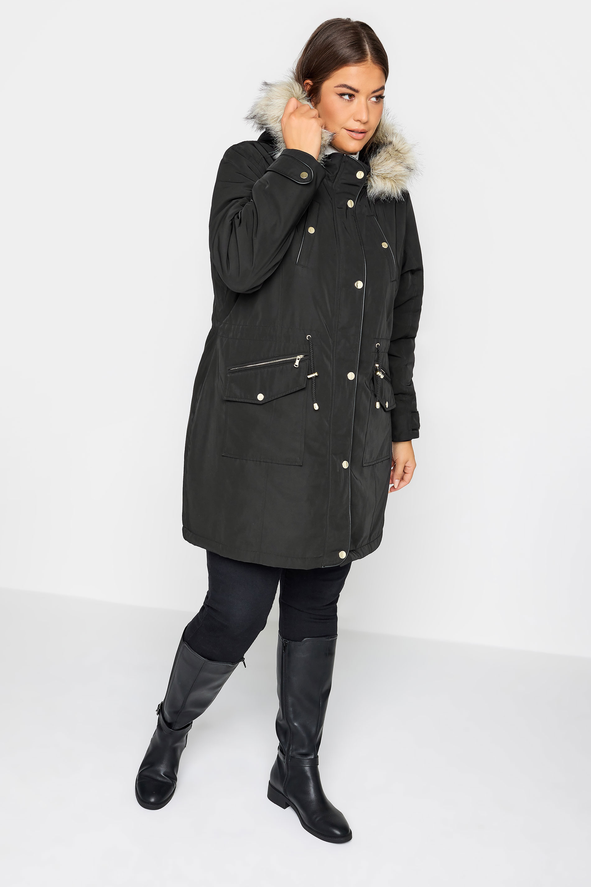 YOURS Plus Size Black Faux Fur Trim Hooded Parka Coat | Yours Clothing 3