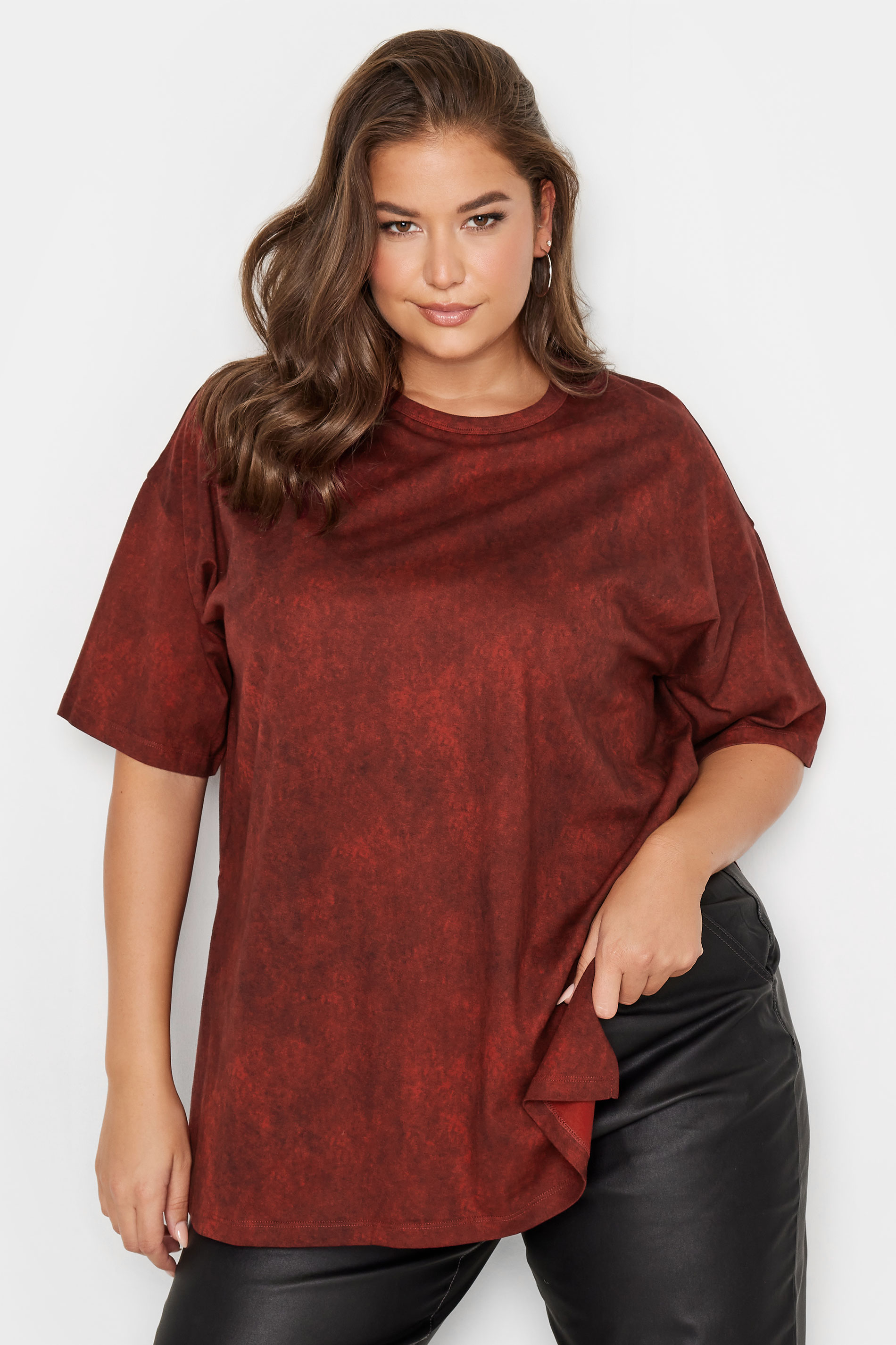 Yours Plus Size Red Acid Wash Oversized T Shirt Yours Clothing