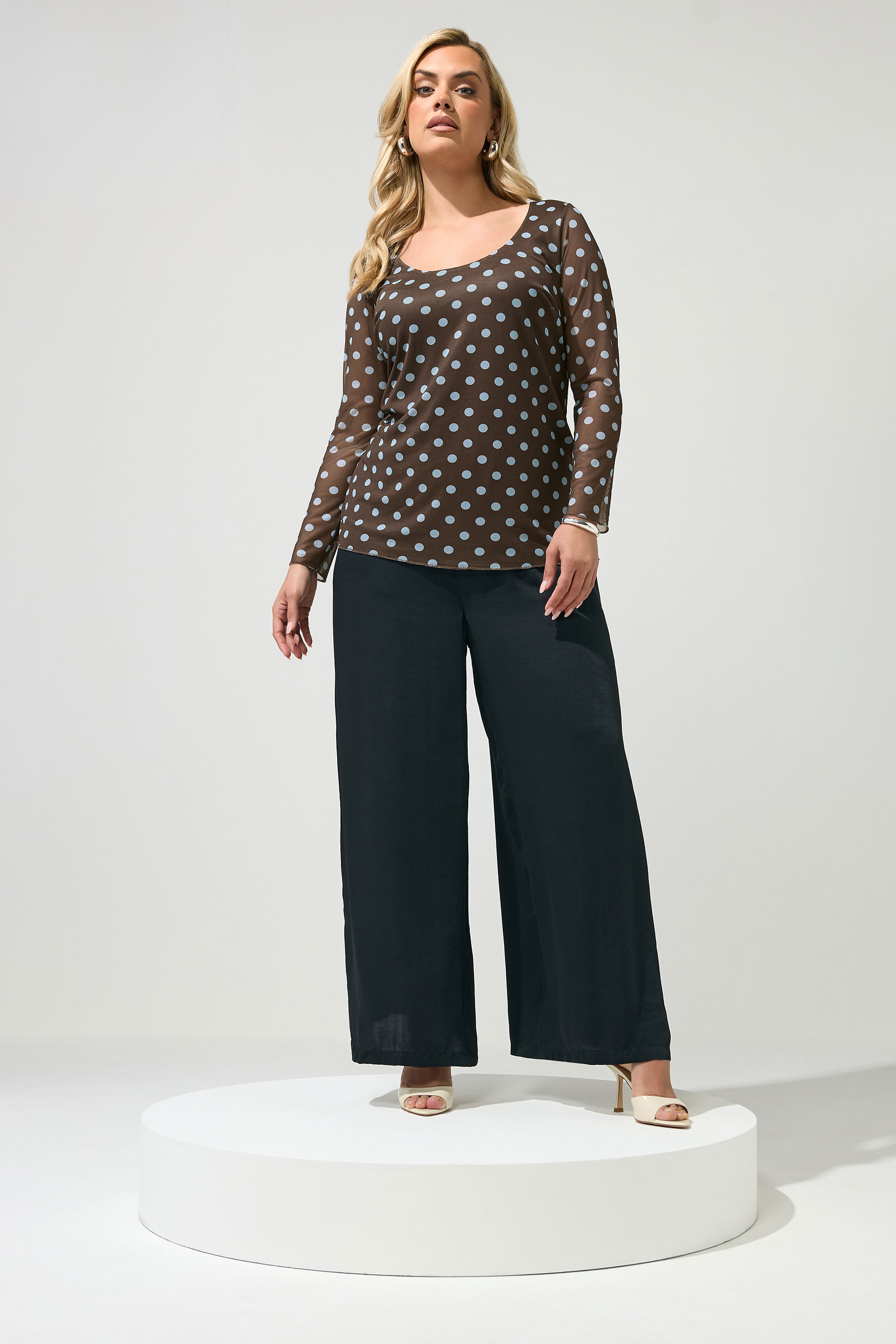 YOURS LONDON Plus Size Brown & Blue Polka Dot Long Sleeve Top | Yours Clothing 2