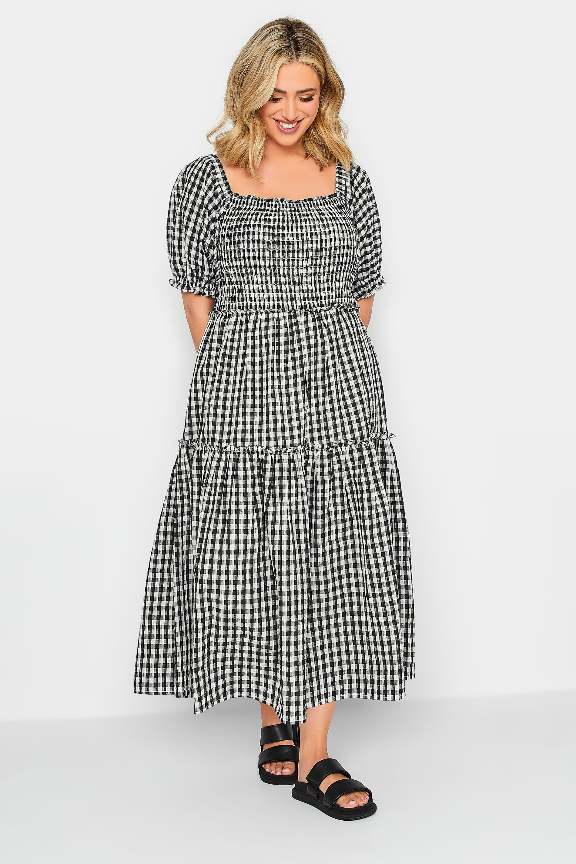 YOURS PETITE Plus Size Black Gingham Print Shirred Midaxi Dress | Yours Clothing 2
