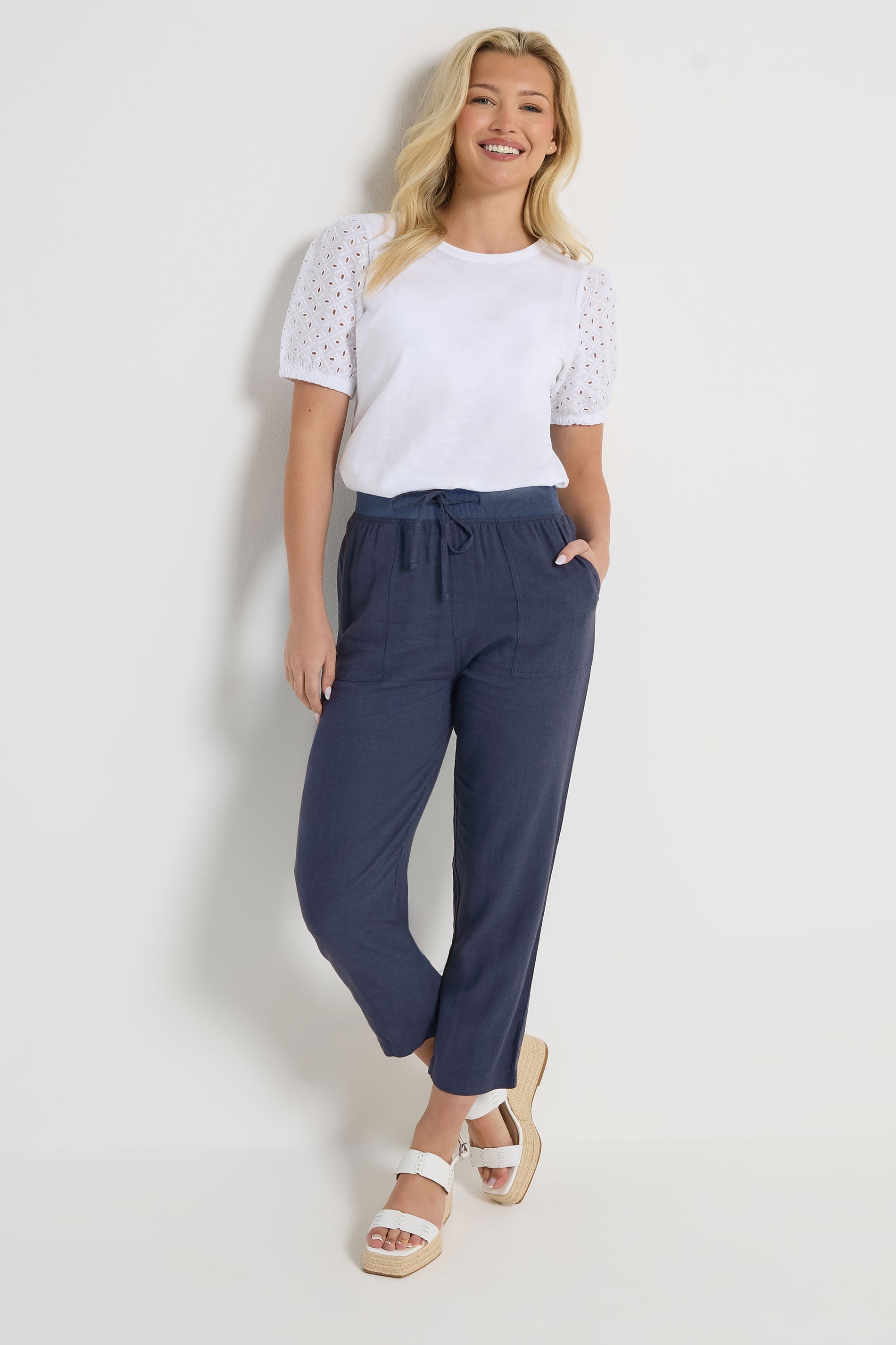 M&Co Navy Blue Linen Cropped Trousers | M&Co 1