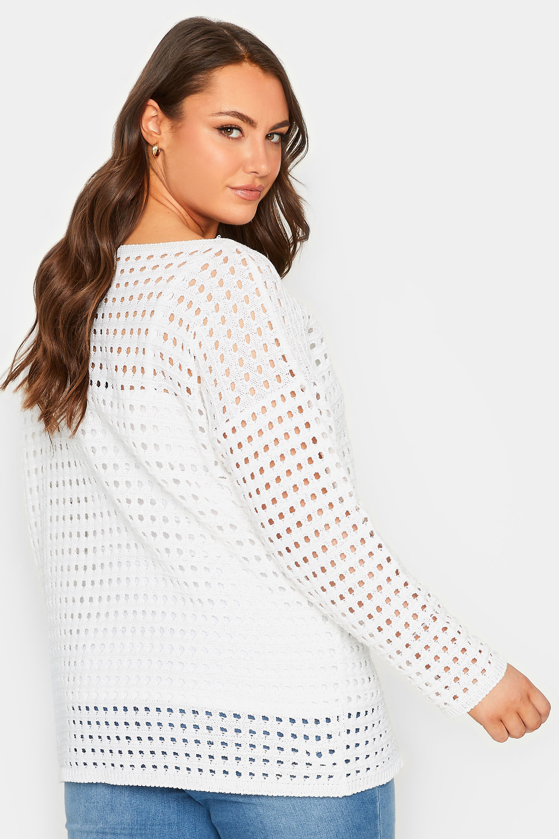 YOURS Plus Size Curve White Crochet Tunic Jumper | Yours Clothing  3
