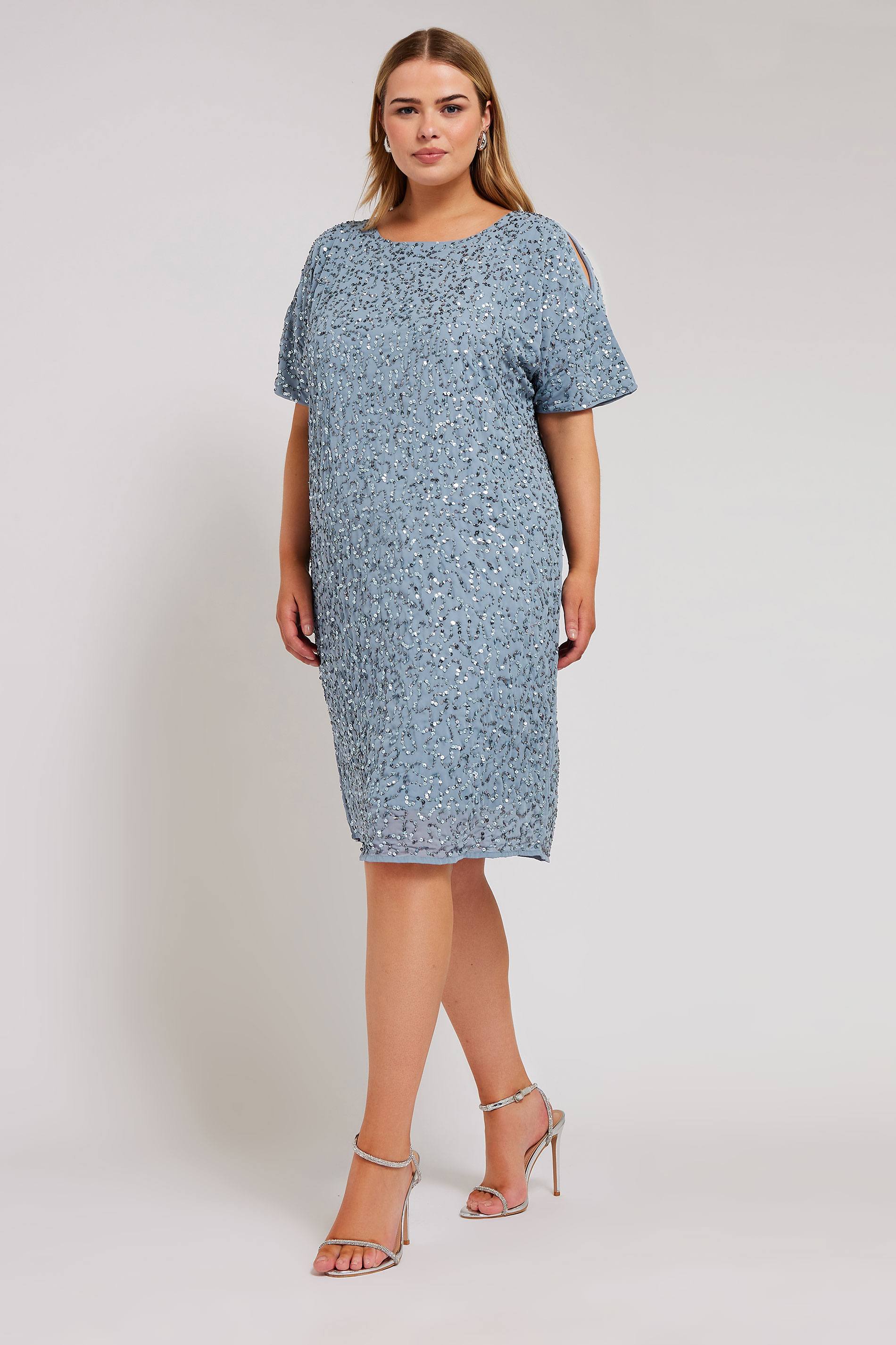 LUXE Plus Size Light Blue Sequin Hand Embellished Cape Dress | Yours Clothing 1