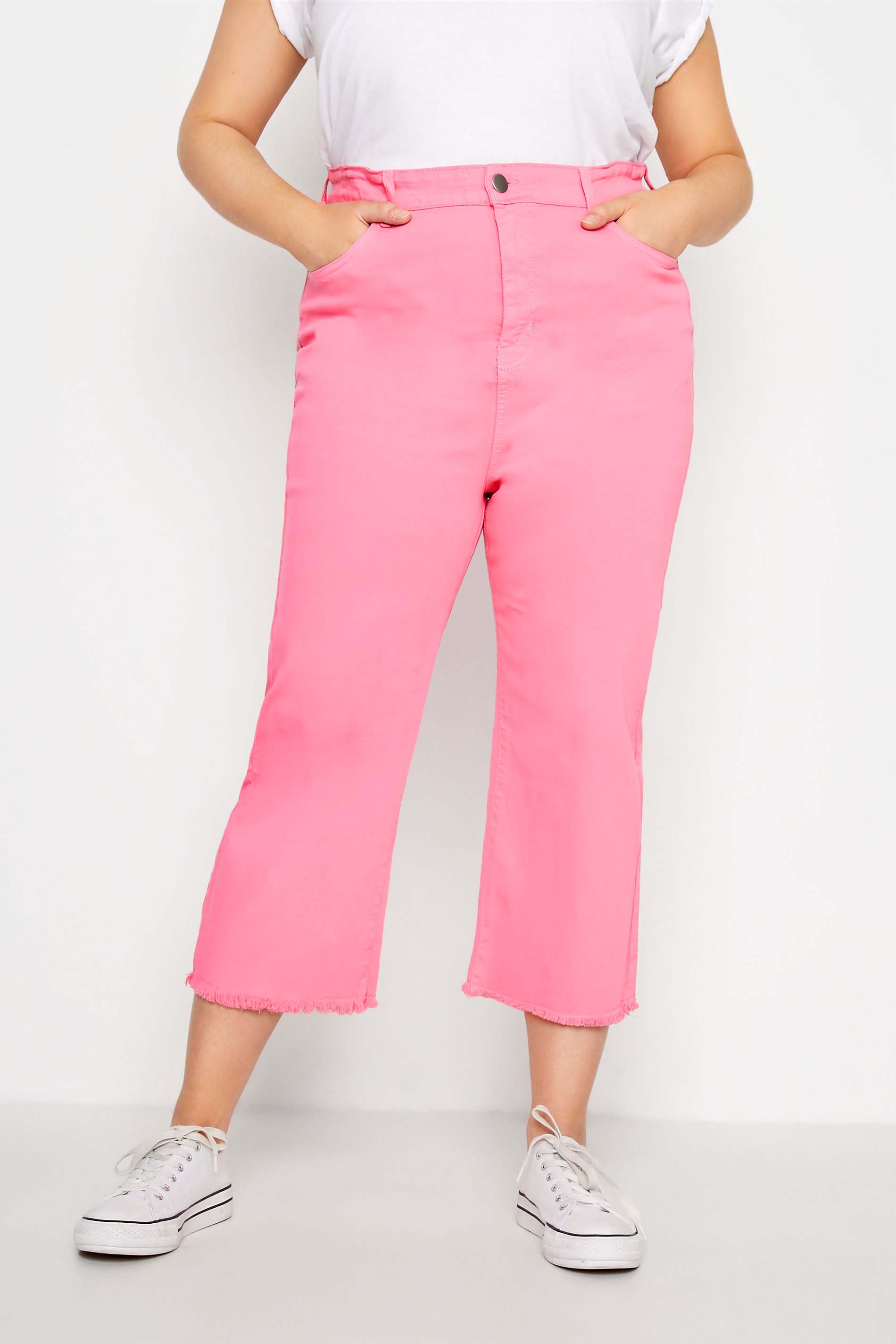 Plus Size Pink Stretch Wide Leg Cropped Jeans | Yours Clothing 1