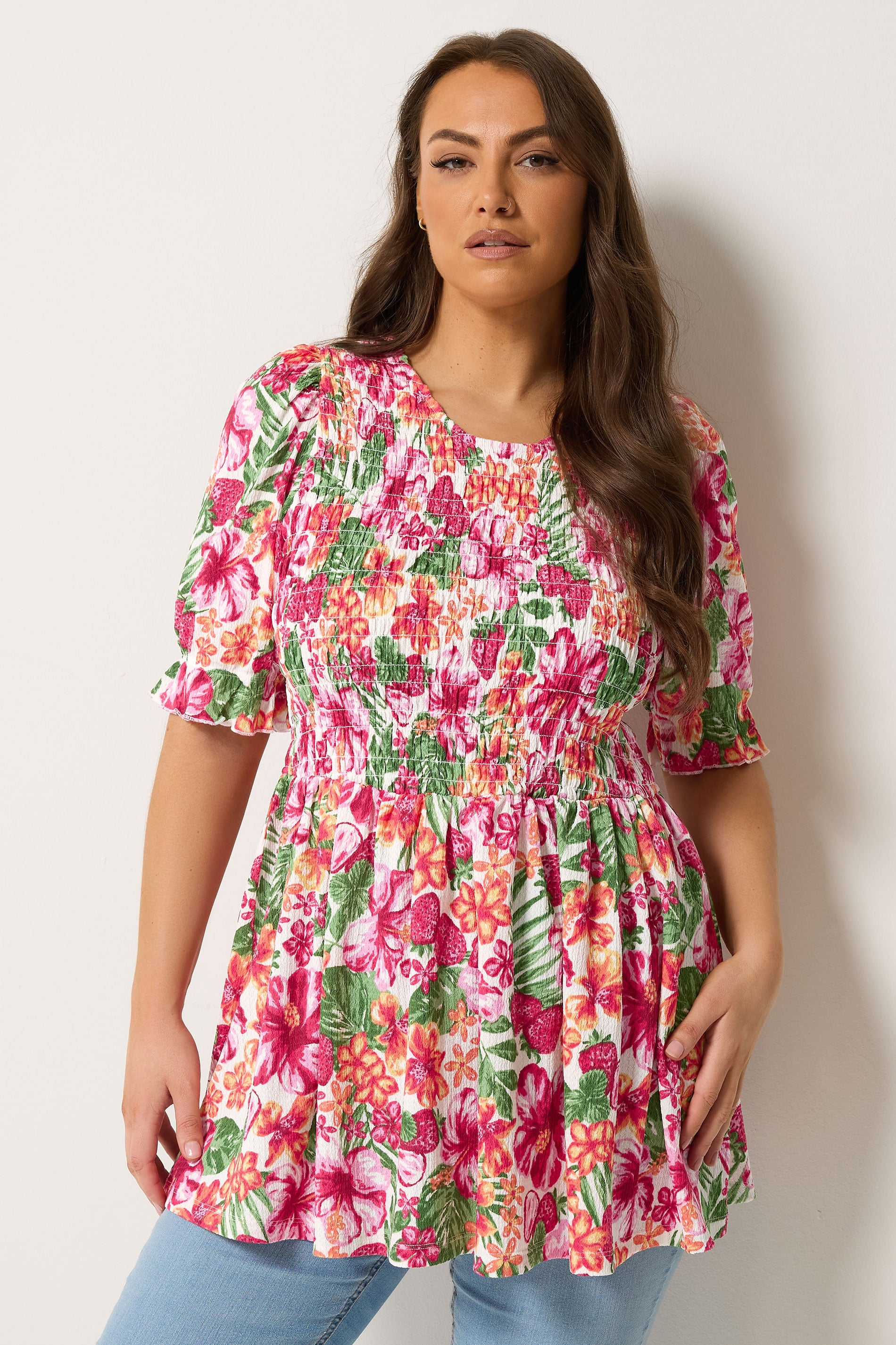 YOURS Plus Size Pink Floral Shirred Puff Sleeve Top |  Yours Clothing 3