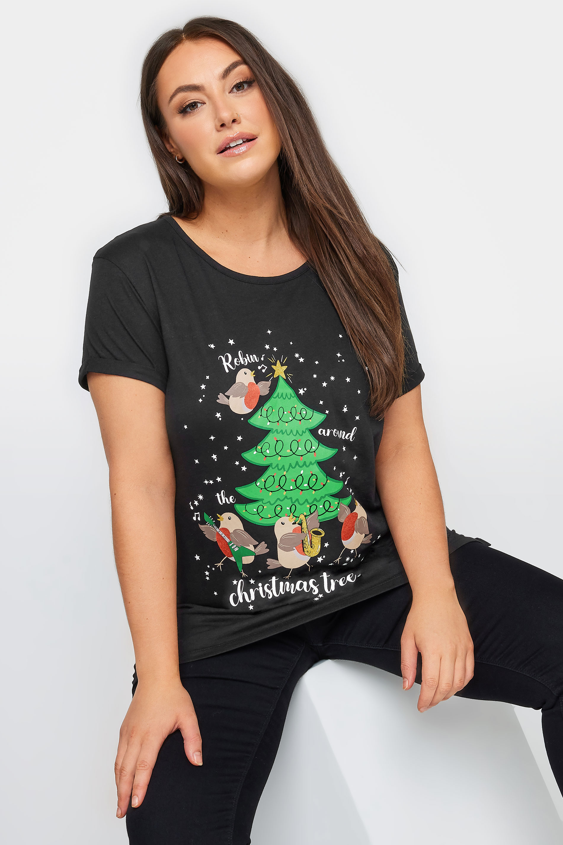 YOURS Plus Size Black 'Robin Around The Christmas Tree' Slogan Christmas T-Shirt | Yours Clothing  1