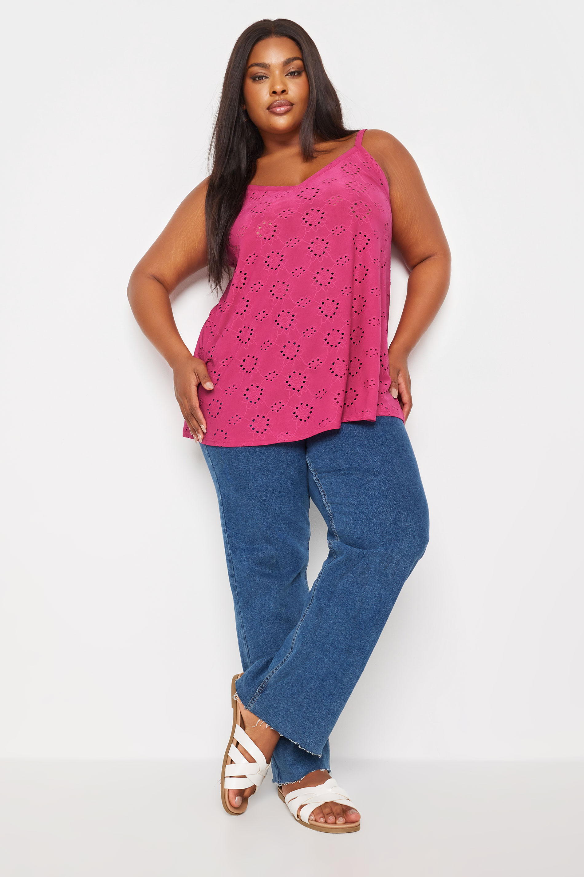 YOURS Plus Size Hot Pink Broderie Anglaise Swing Cami Top | Yours Clothing 2