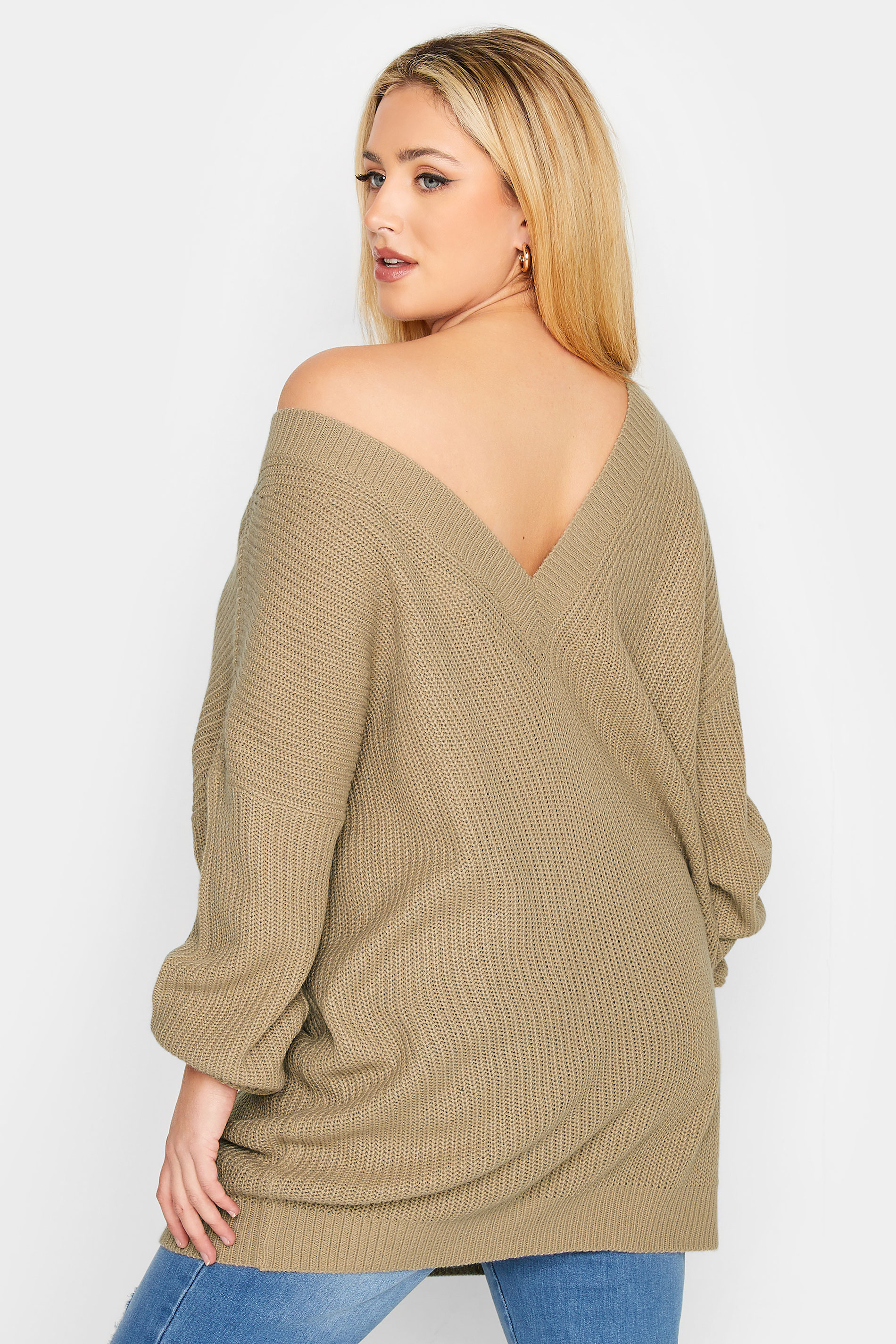 YOURS Plus Size Beige Brown Double V-Neck Jumper | Yours Clothing 3