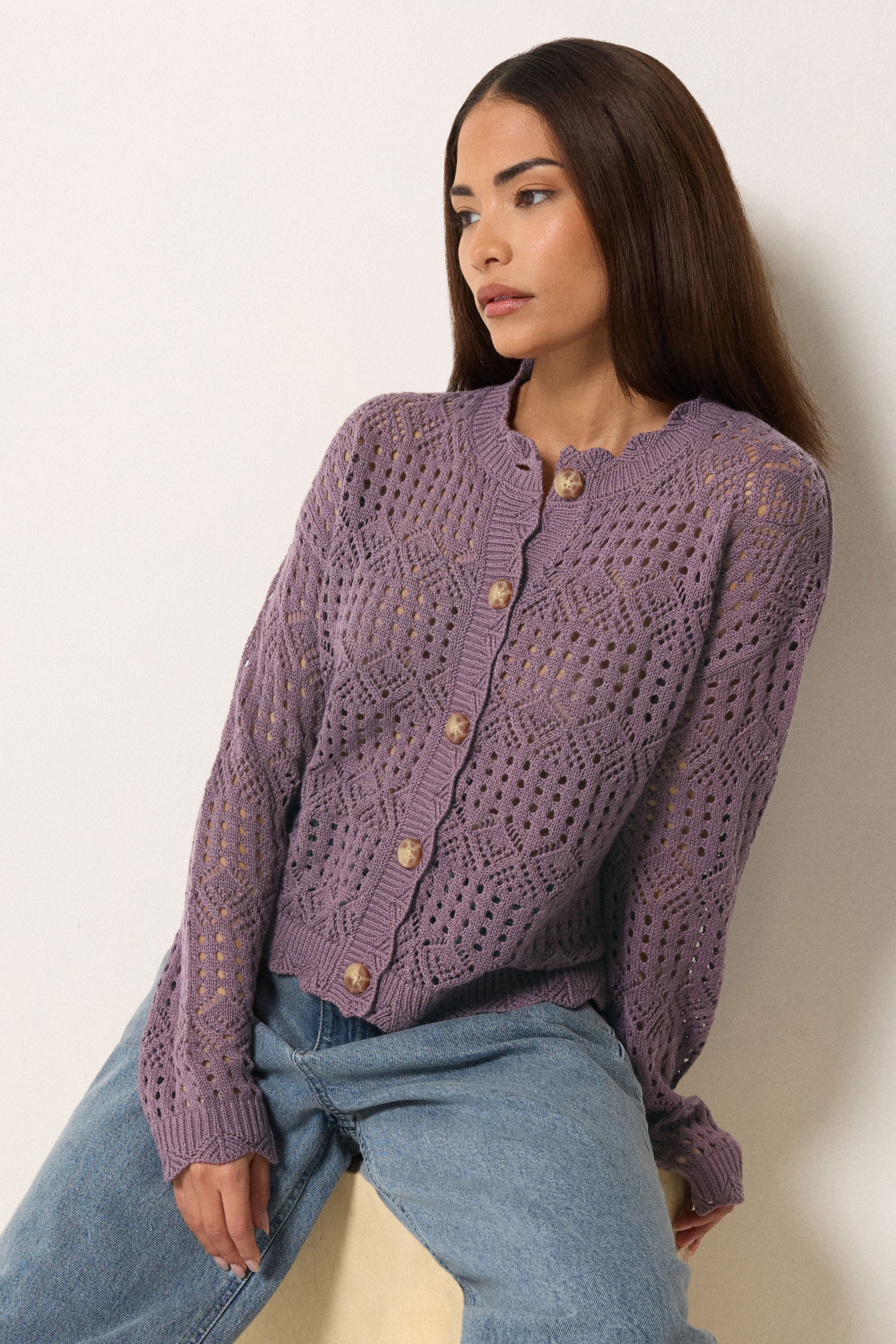 PixieGirl Petite Women's Plum Purple Crochet Button Cardigan | PixieGirl 3