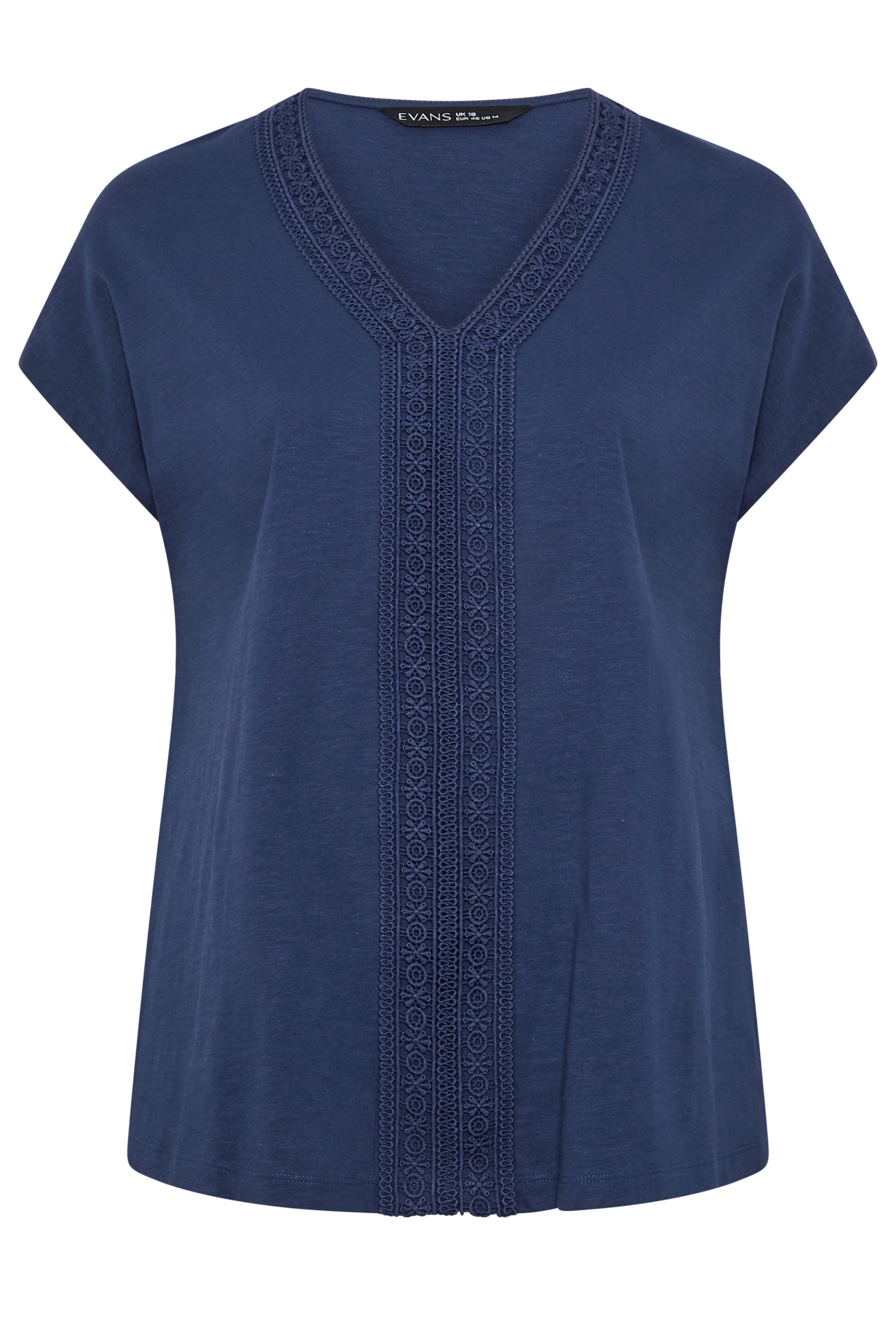 EVANS Plus Size Navy Blue Cotton Crochet Trim Tee | Evans 5