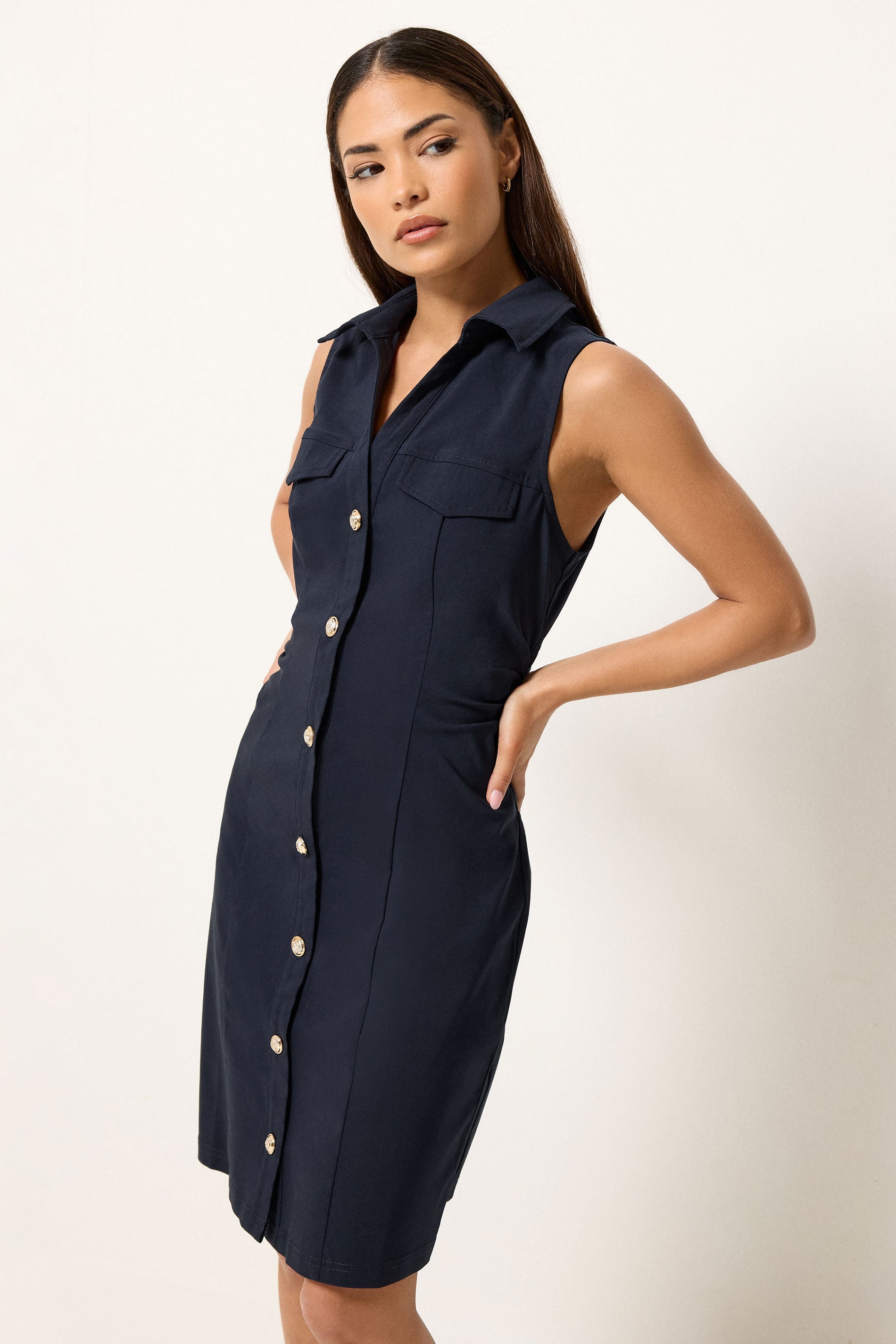 PixieGirl Petite Women's Navy Blue Ruched Shirt Mini Dress | PixieGirl 3
