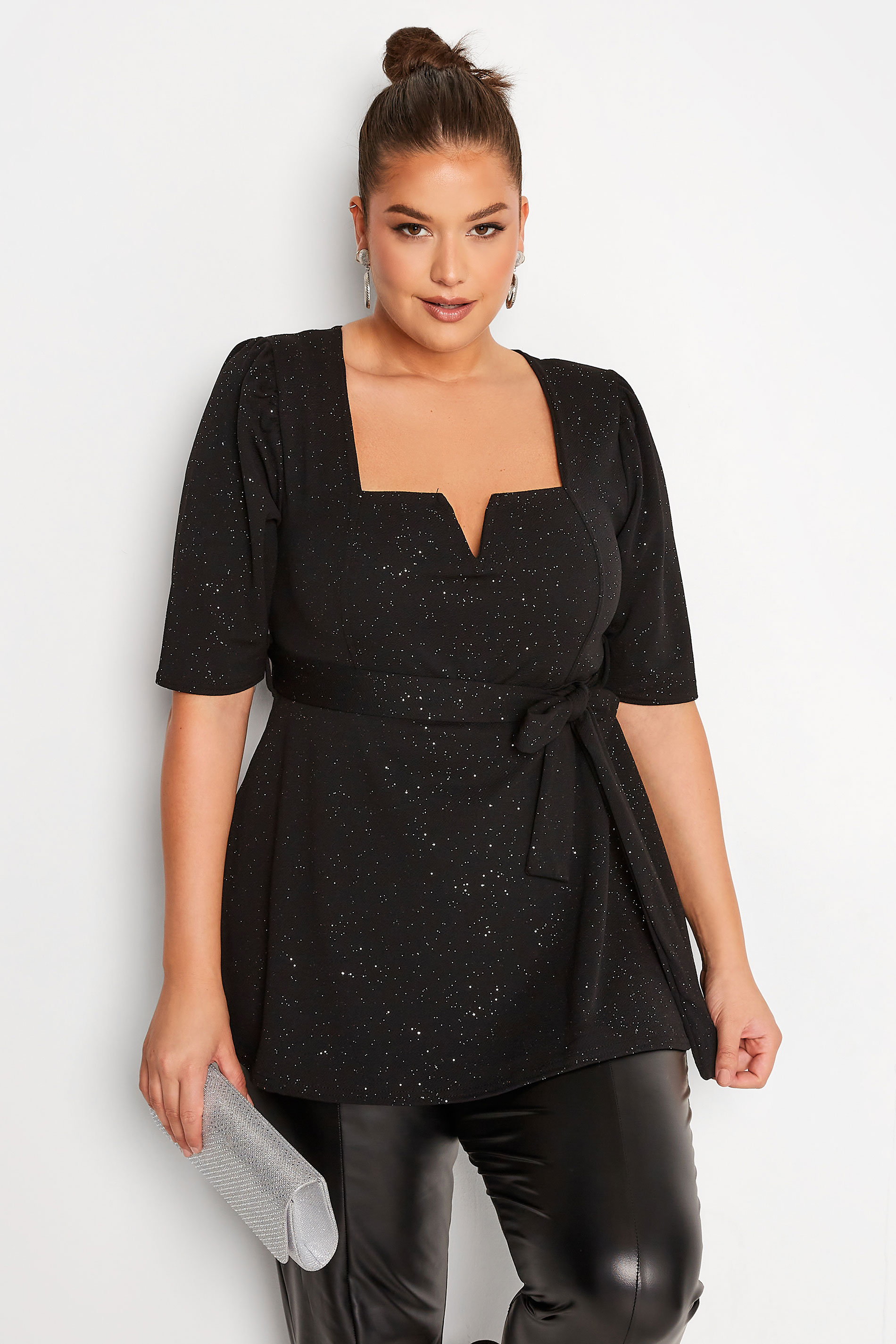 YOURS LONDON Plus Size Black Glitter Notch Neck Peplum Top | Yours Clothing 1
