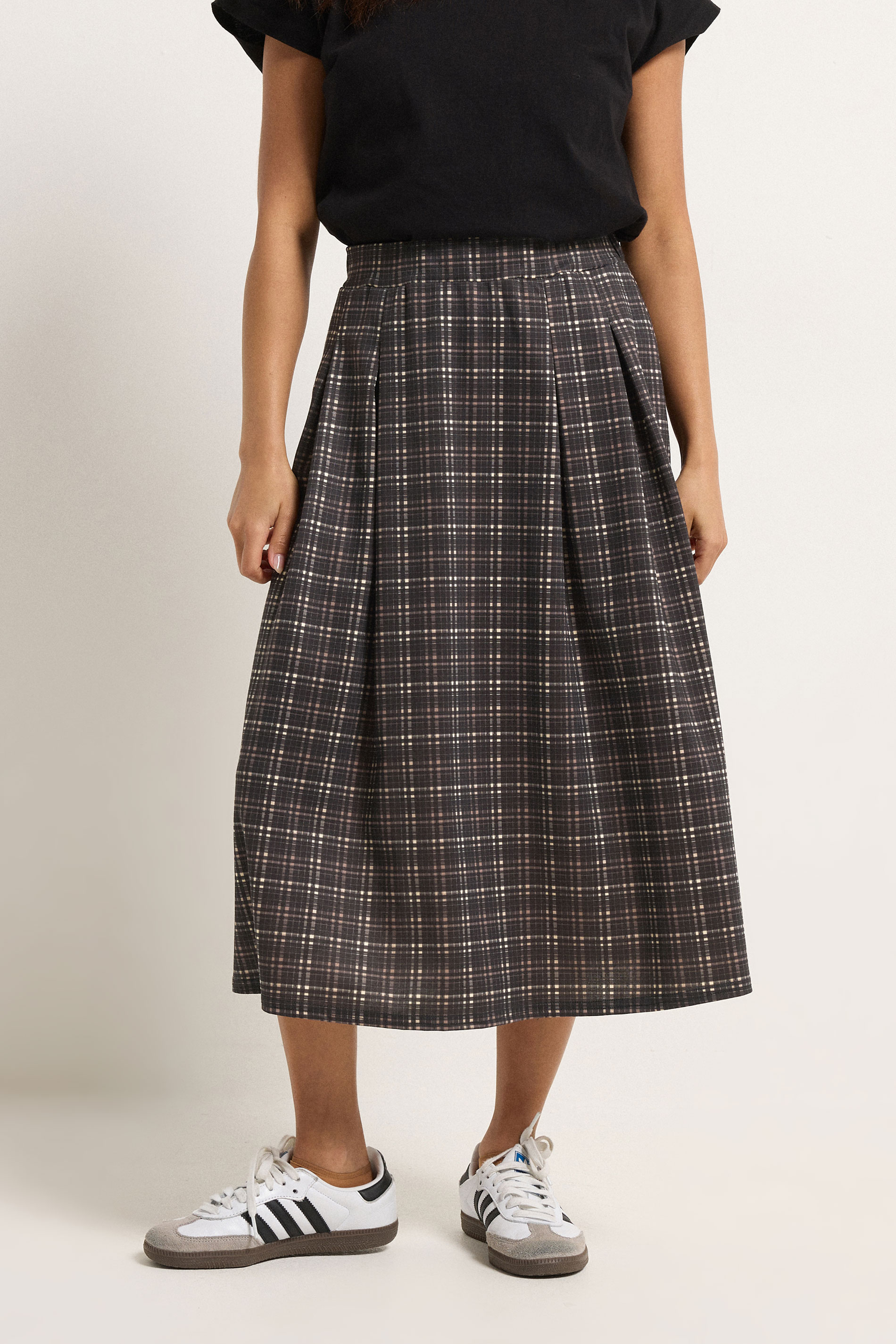 PixieGirl Petite Women's Chocolate Brown Check Midi Skirt | PixieGirl 1