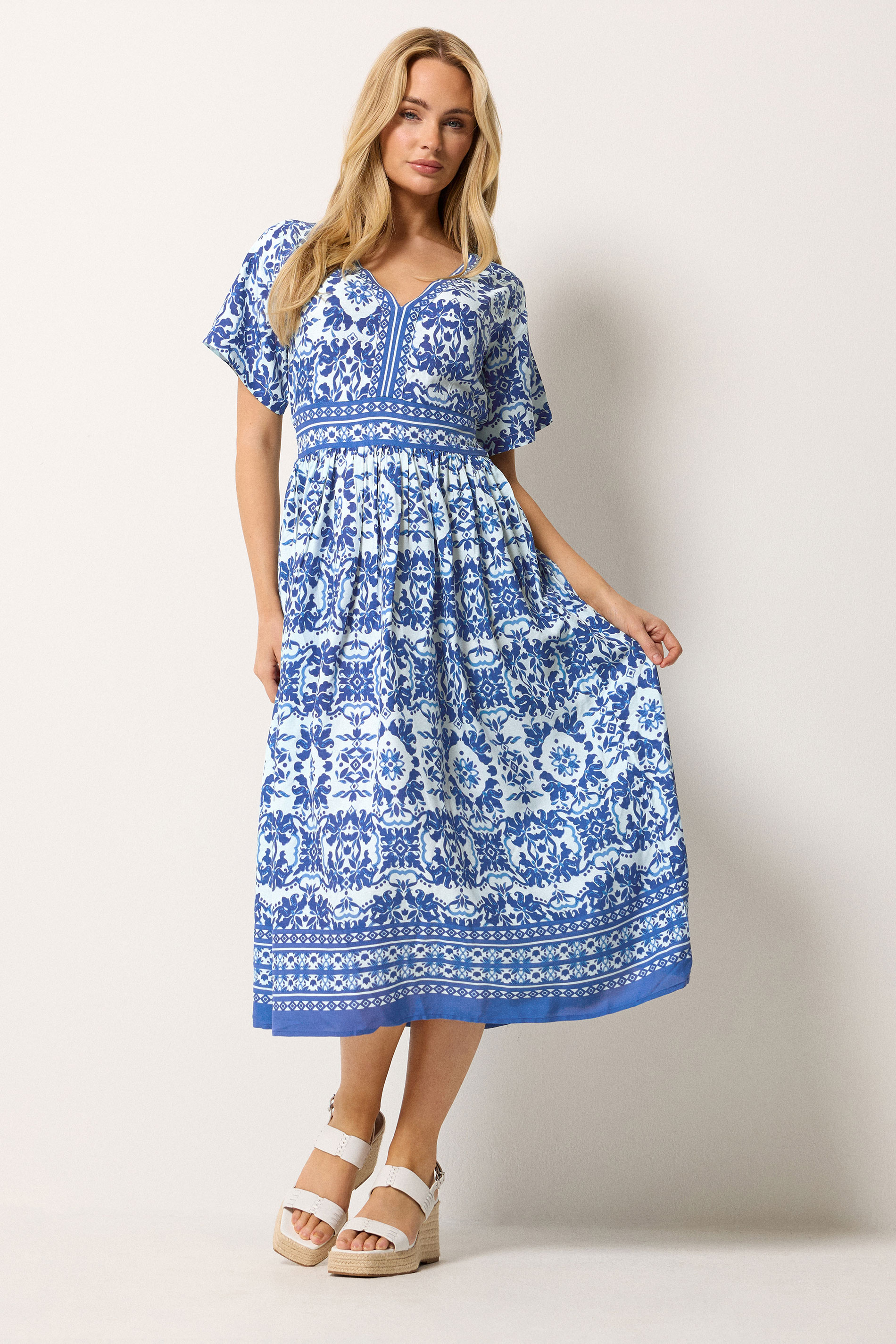 M&Co Blue & White Tile Print Midi Dress | M&Co 1
