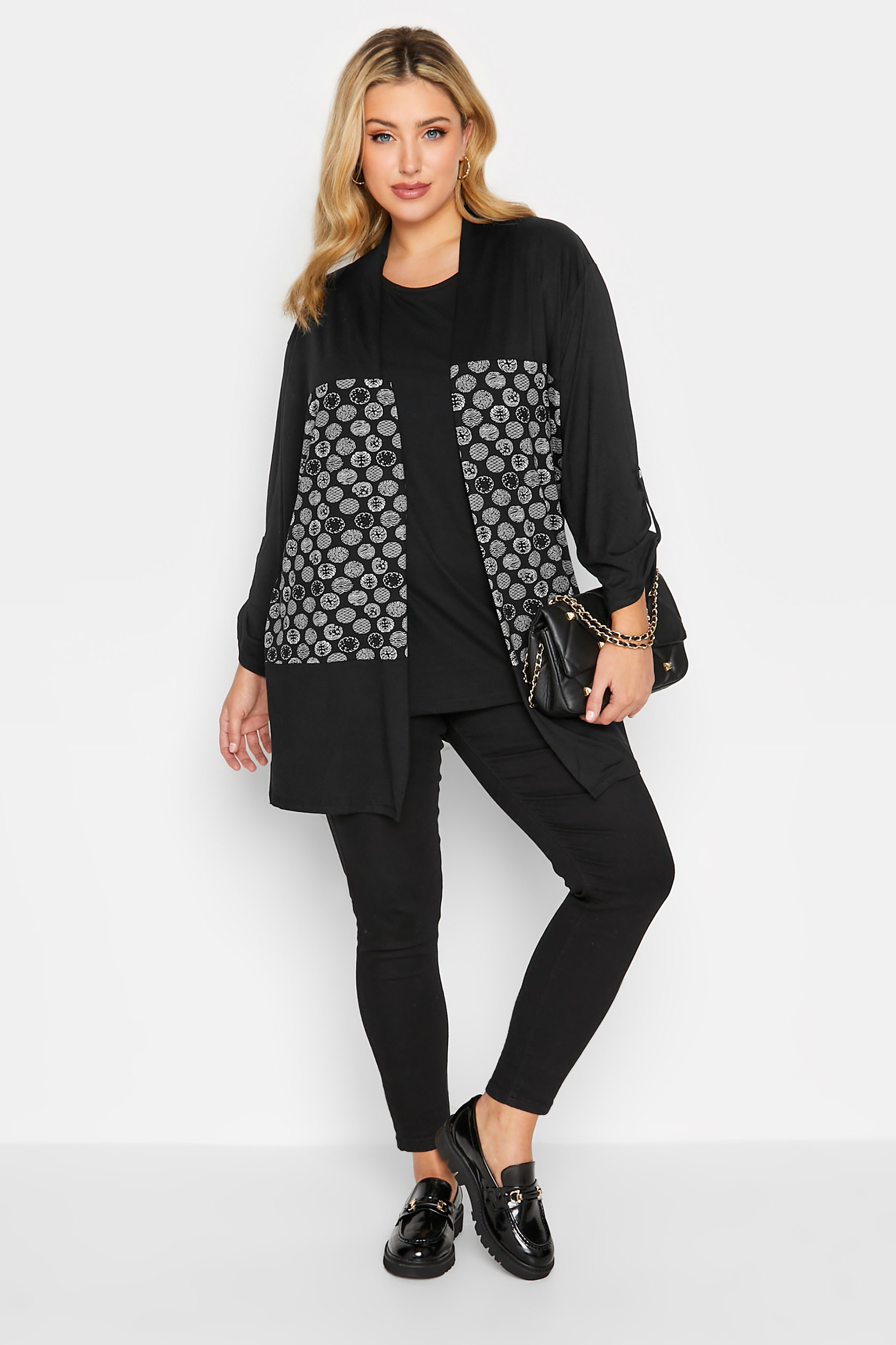 Plus Size Black Geometric Spot Print Colour Block Cardigan | Yours Clothing 2