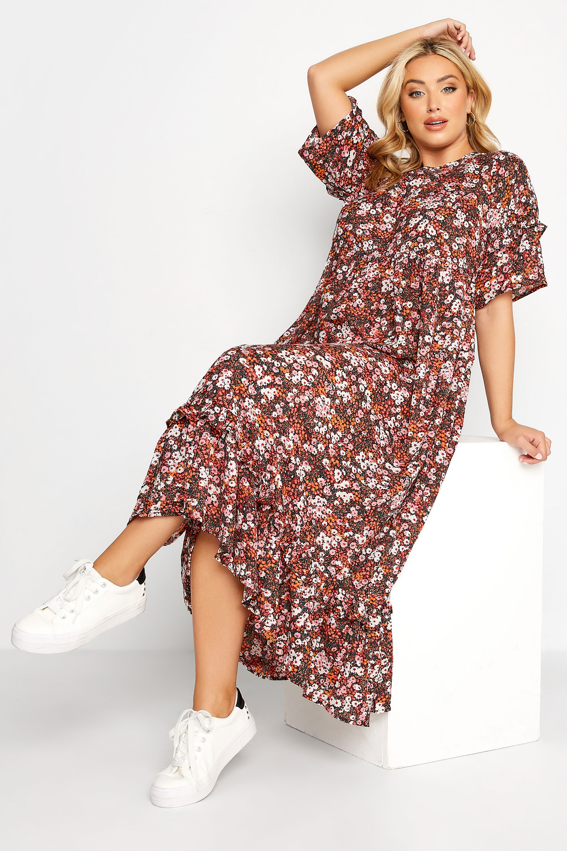 Plus Size Black Ditsy Print Smock Maxi Dress | Yours Clothing 1