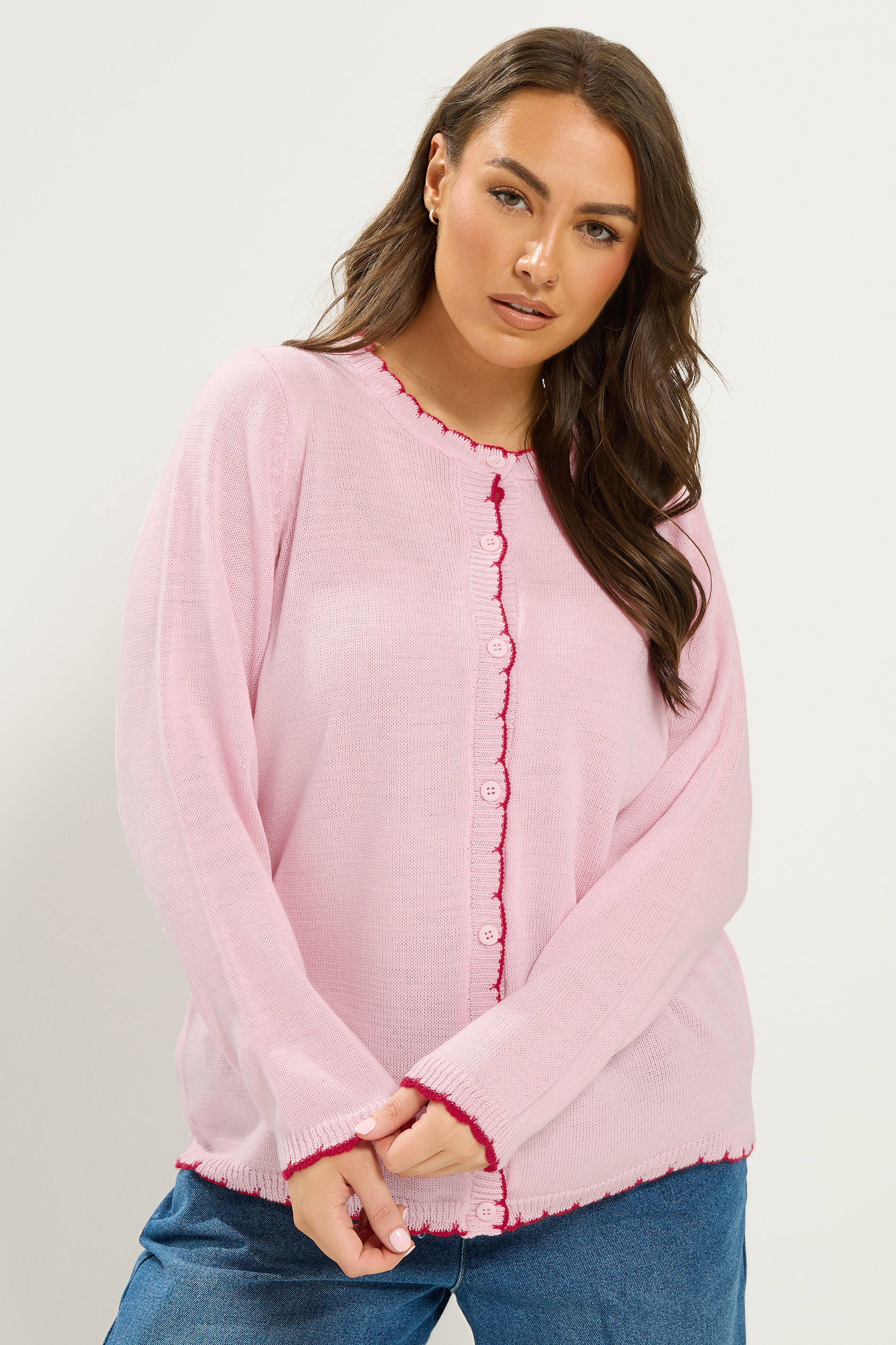 YOURS Plus Size Pink Scallop Edge Cardigan | Yours Clothing 1