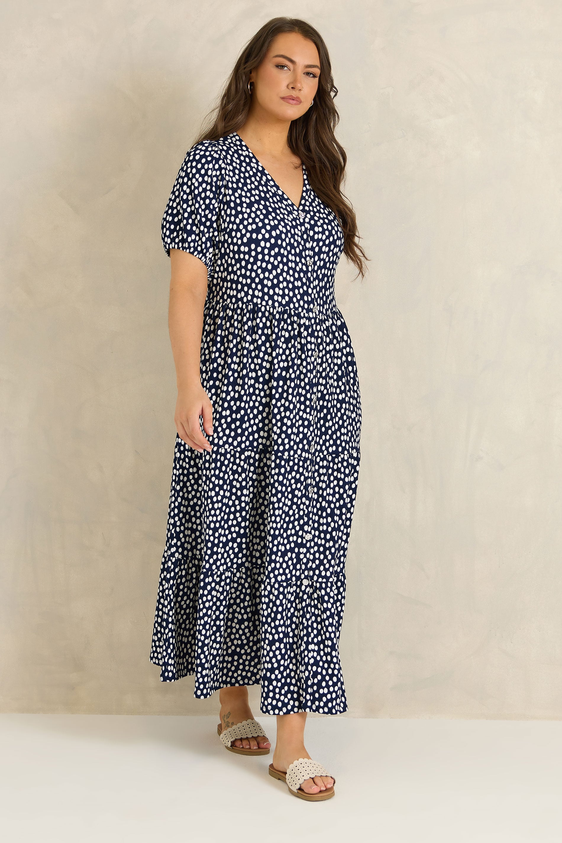 EVANS Plus Size Navy Blue Spot Print Tiered Maxi Dress | Evans 1